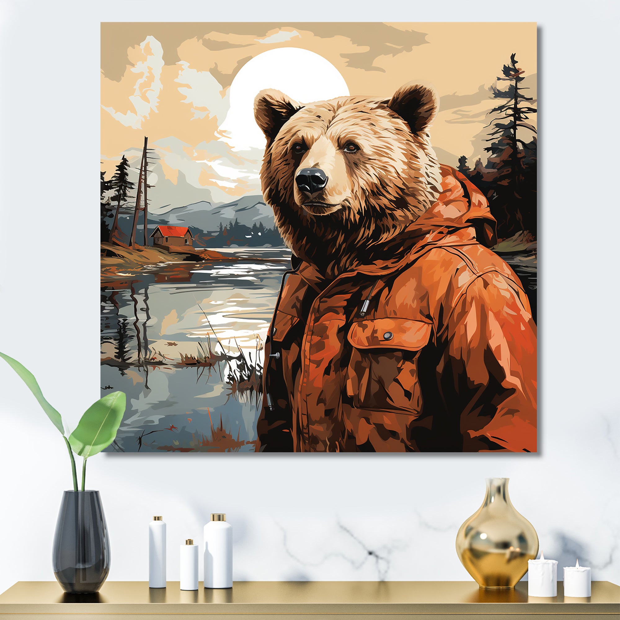 Orange Bear detective countryside - Bear Wall Art Prints
