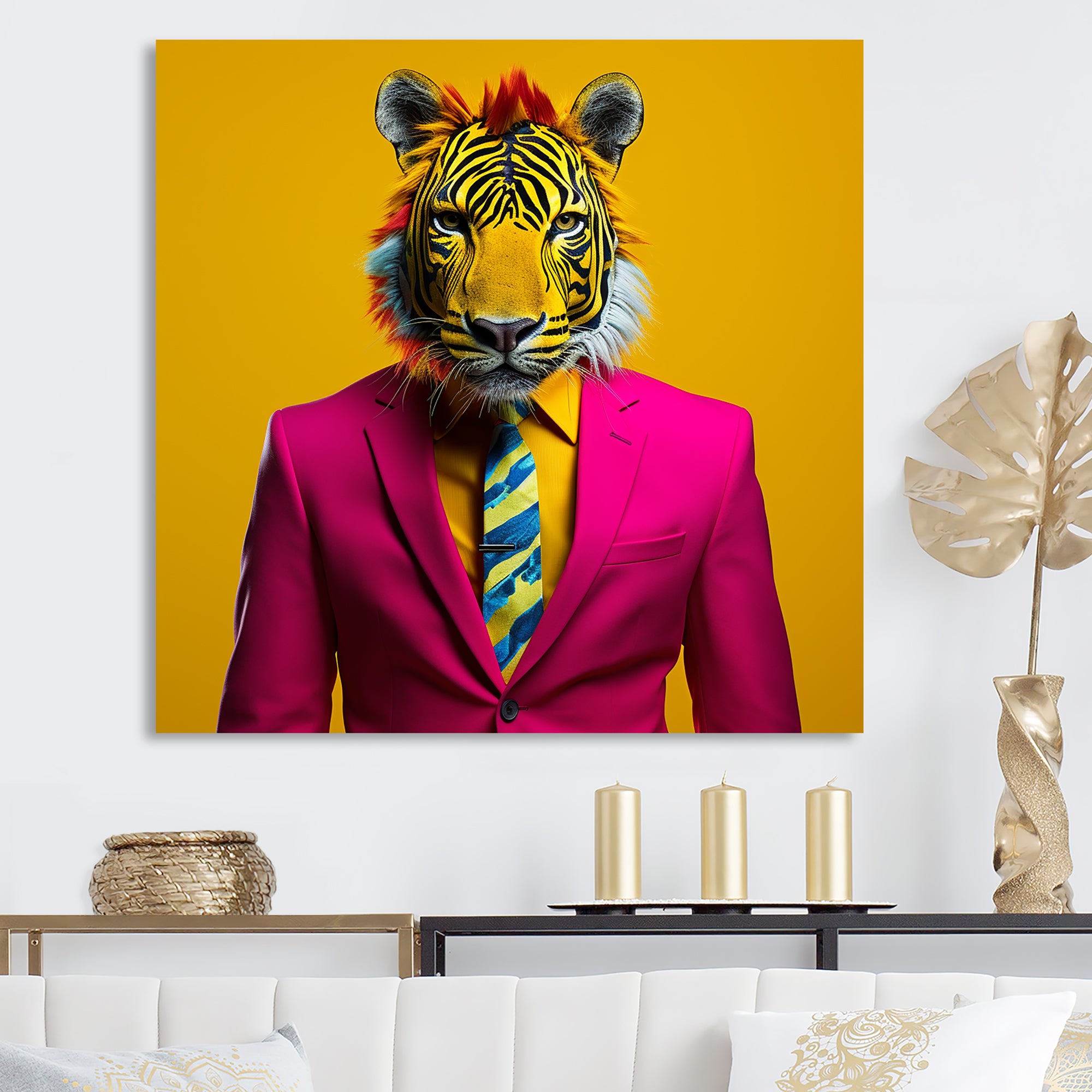 Pink suited up tiger - Tiger Fashion Framed Canvas Art