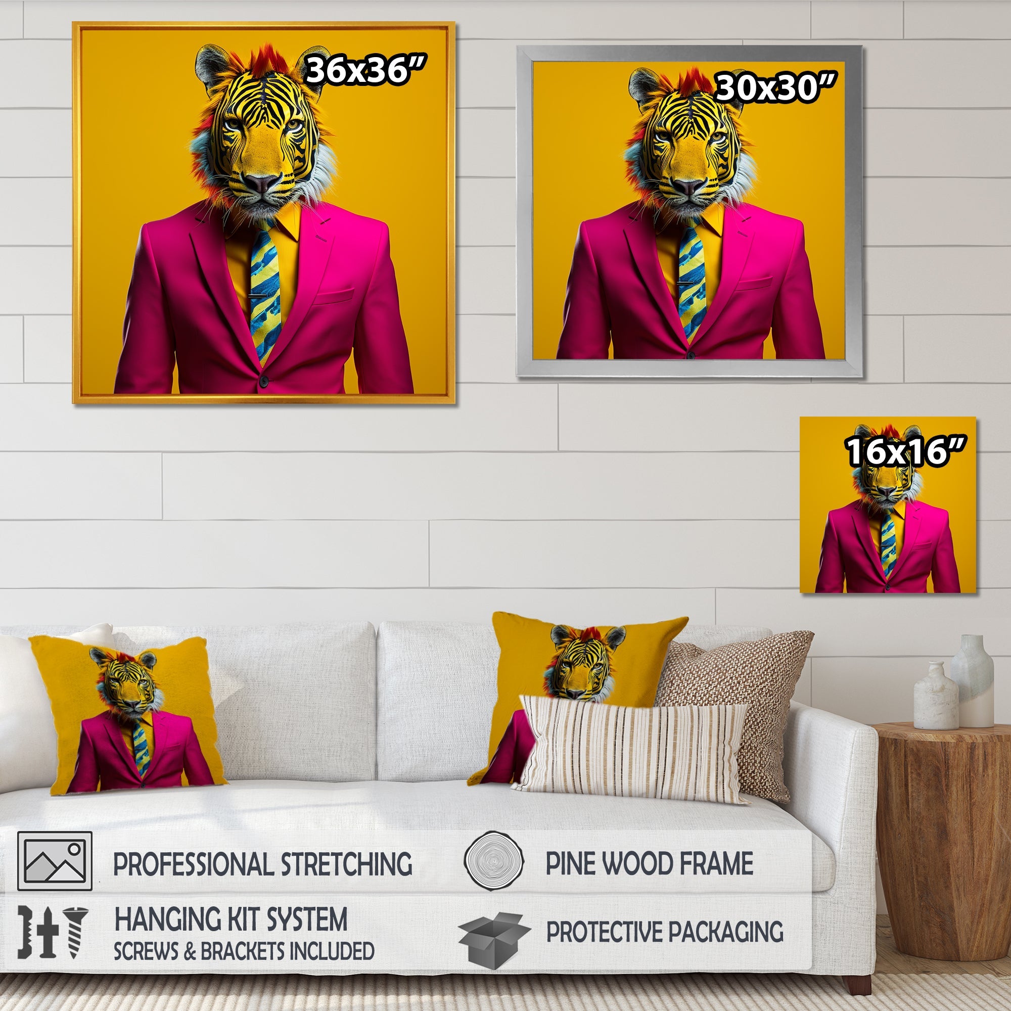 Pink suited up tiger - Tiger Fashion Framed Canvas Art