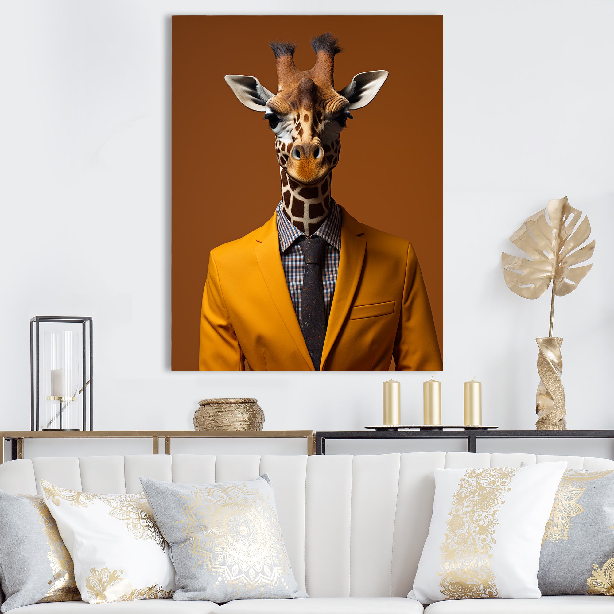 Yellow and brown suited up giraffe - Giraffe Fashion Living Room Wall Art