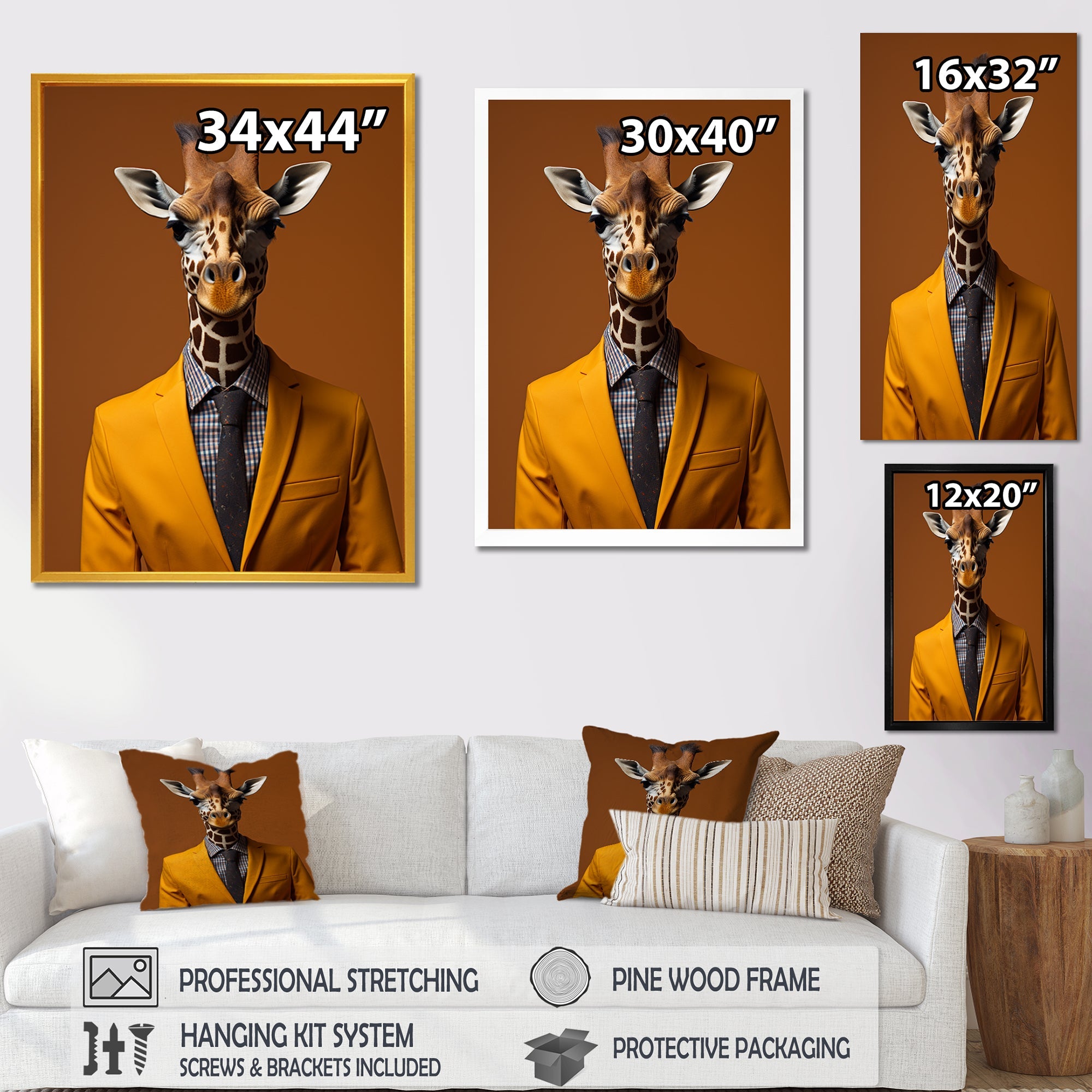 Yellow and brown suited up giraffe - Giraffe Fashion Living Room Wall Art
