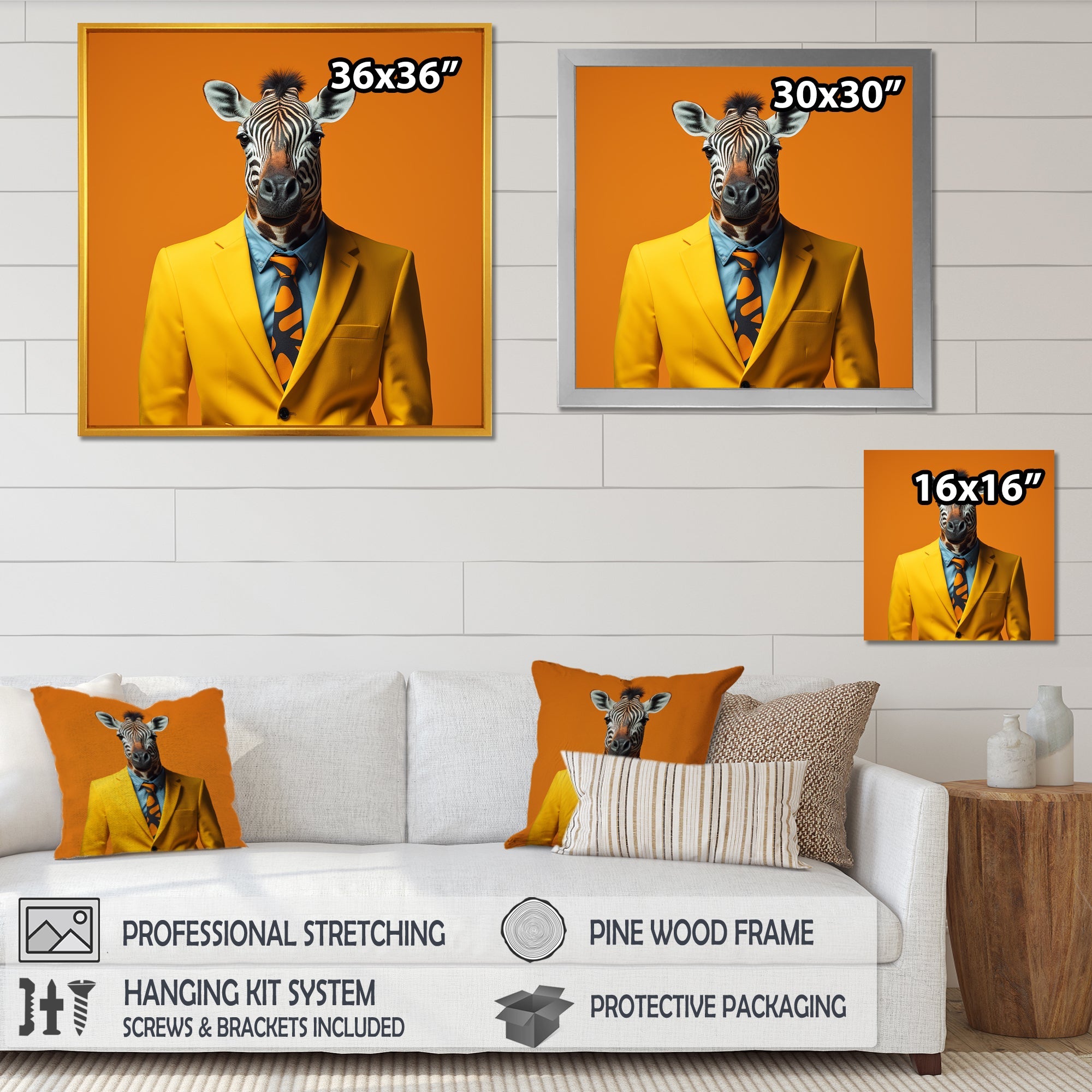 Yellow and orange suited up zebra - Zebra Fashion Bedroom Wall Art