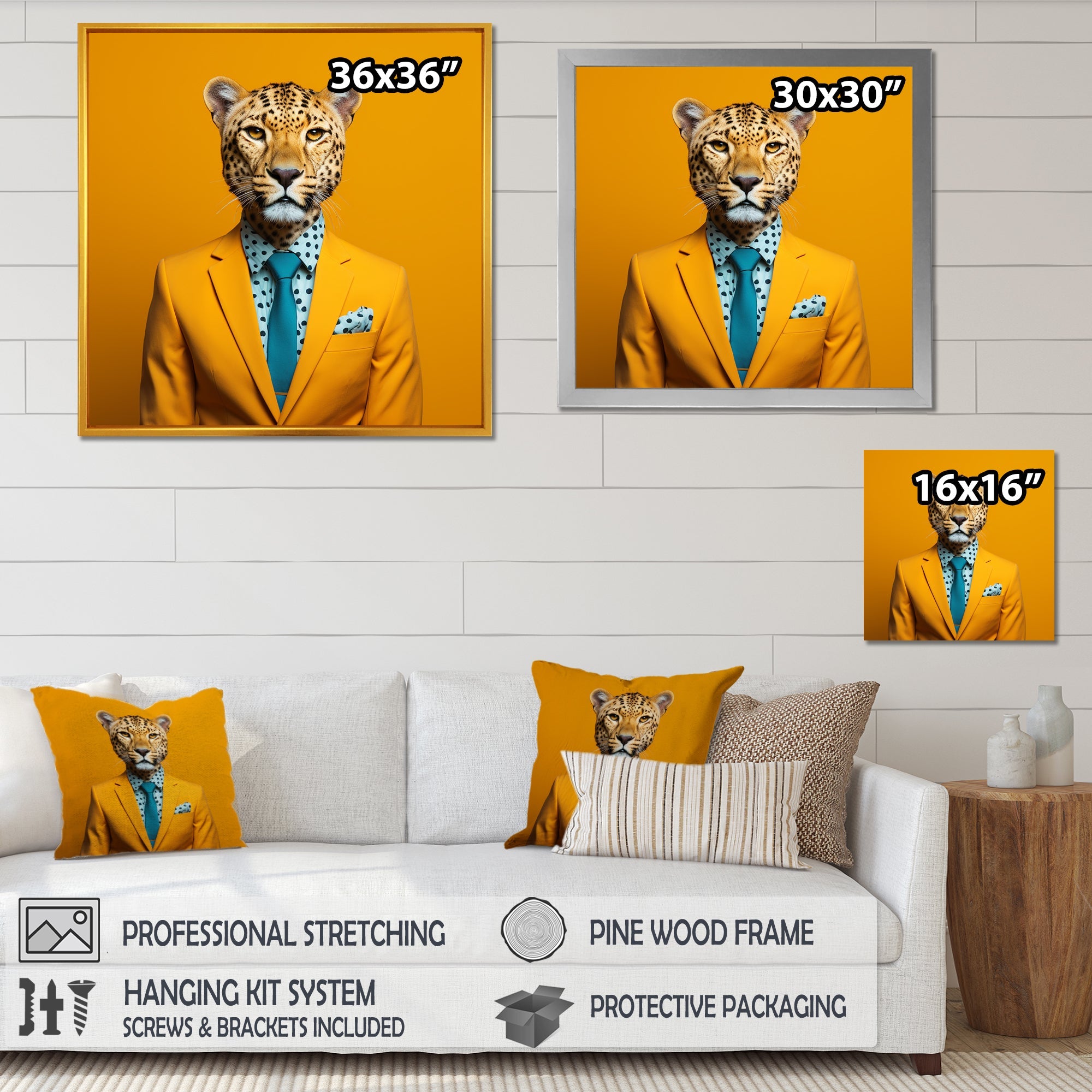 Yellow and blue suited up cheetah - Zebra Fashion Canvas Wall Art