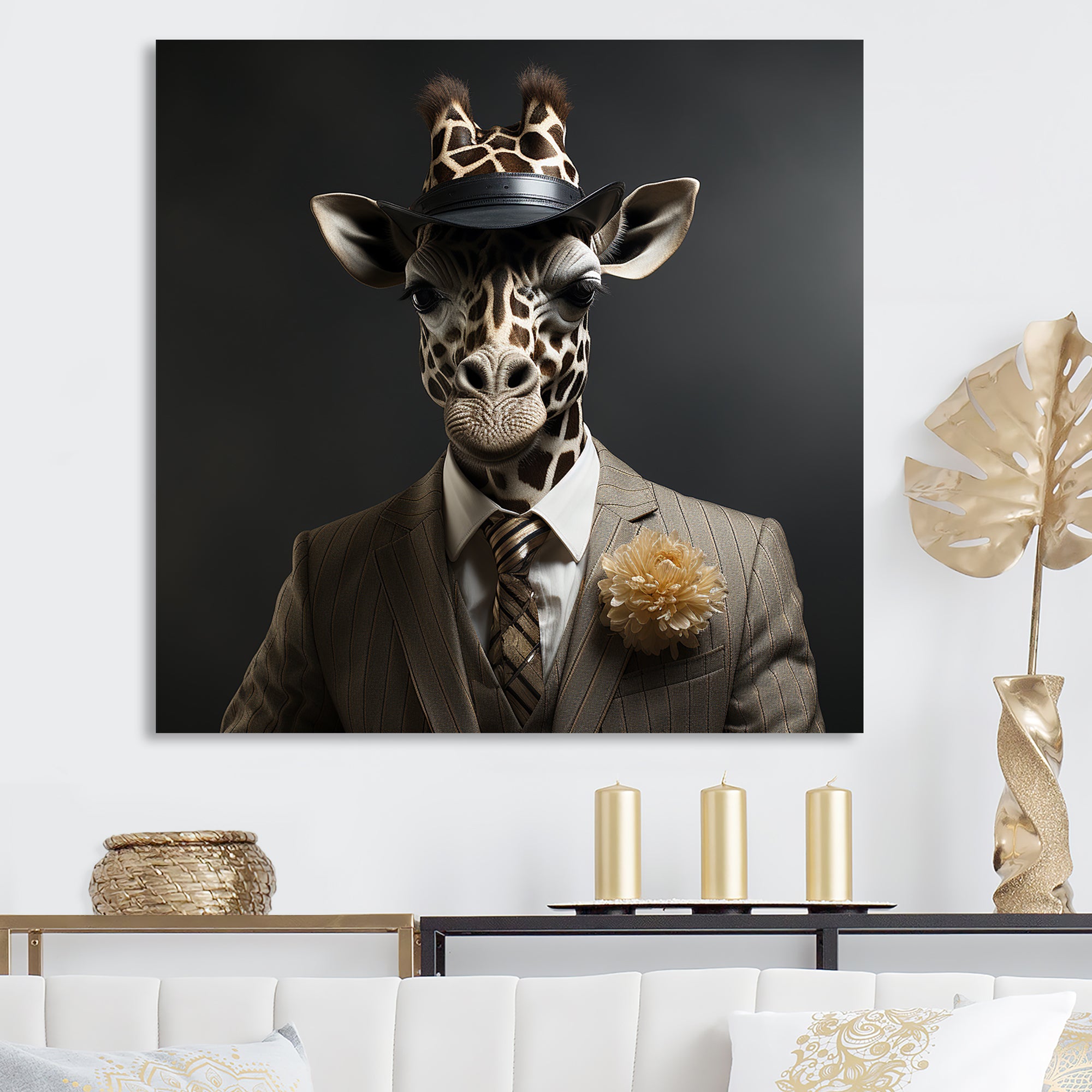 Grey and black suited up fashion giraffe - Giraffe Fashion Wall Art Prints