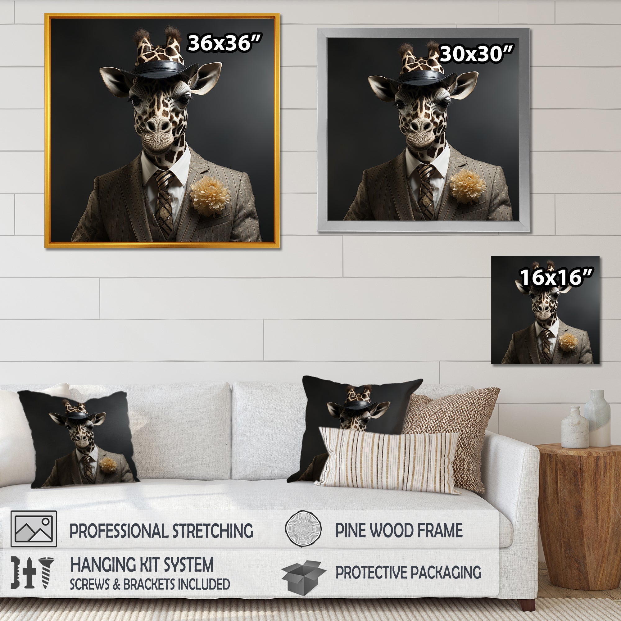 Grey and black suited up fashion giraffe - Giraffe Fashion Wall Art Prints