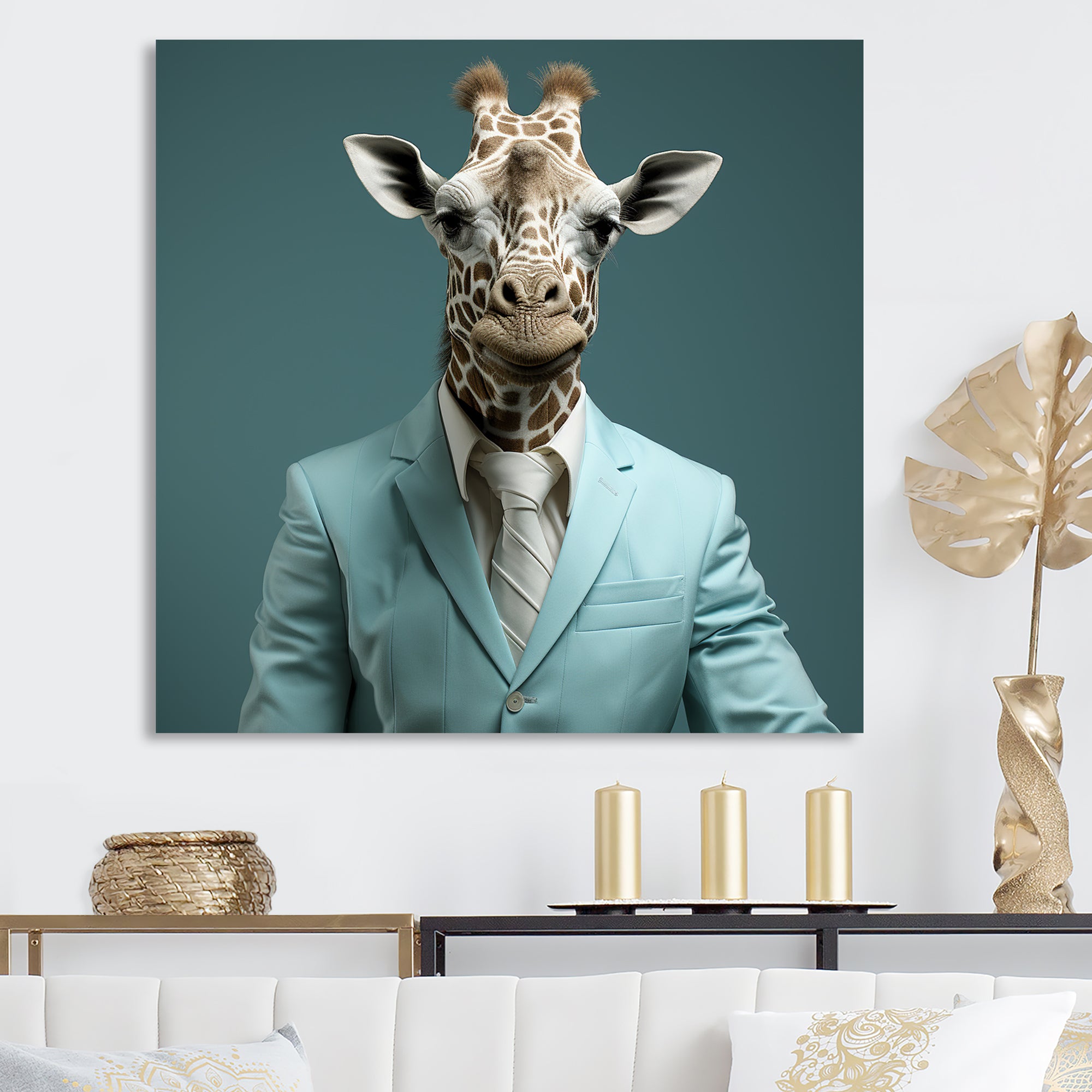 Blue and grey suited up fashion giraffe - Giraffe Fashion Wall Art Prints
