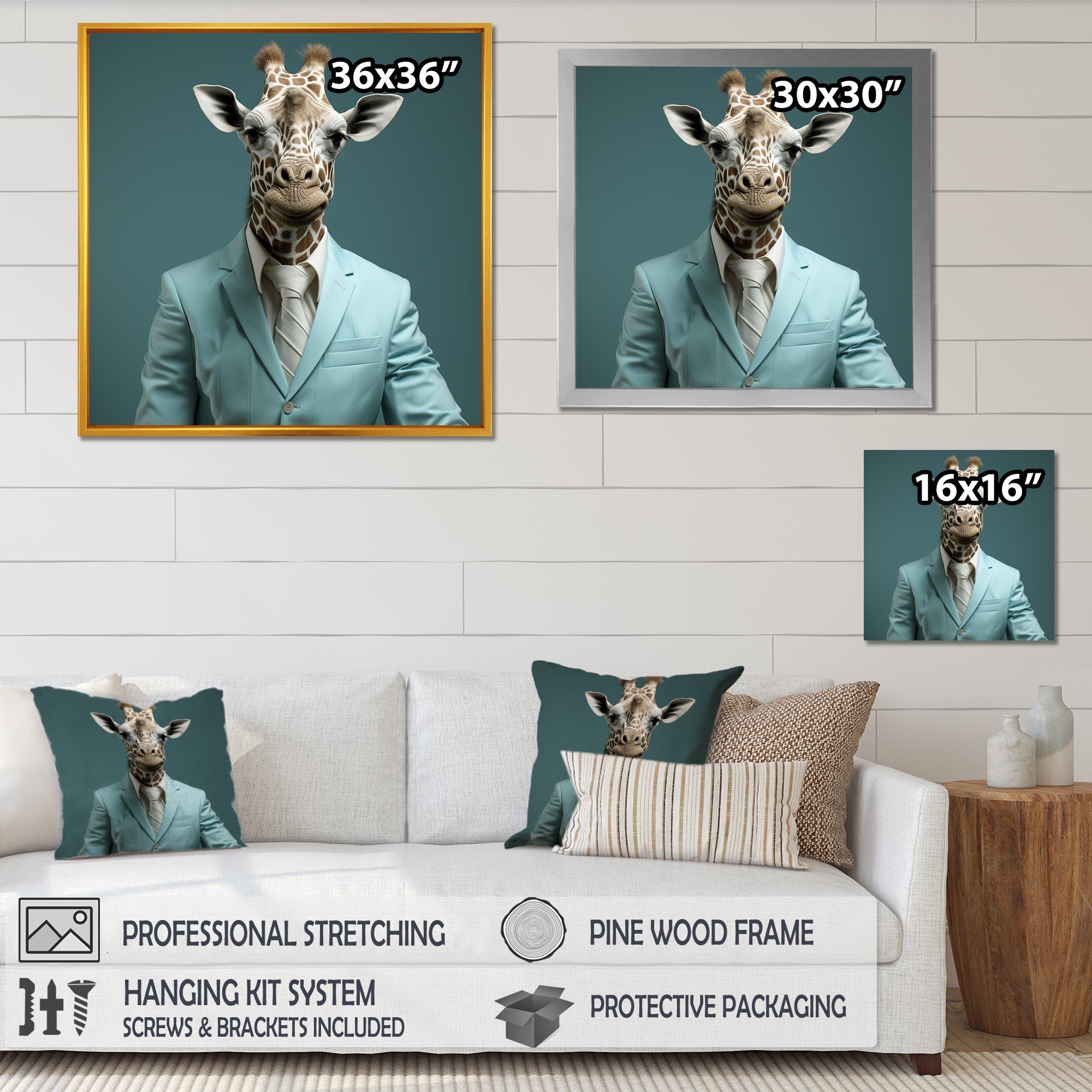 Blue and grey suited up fashion giraffe - Giraffe Fashion Wall Art Prints