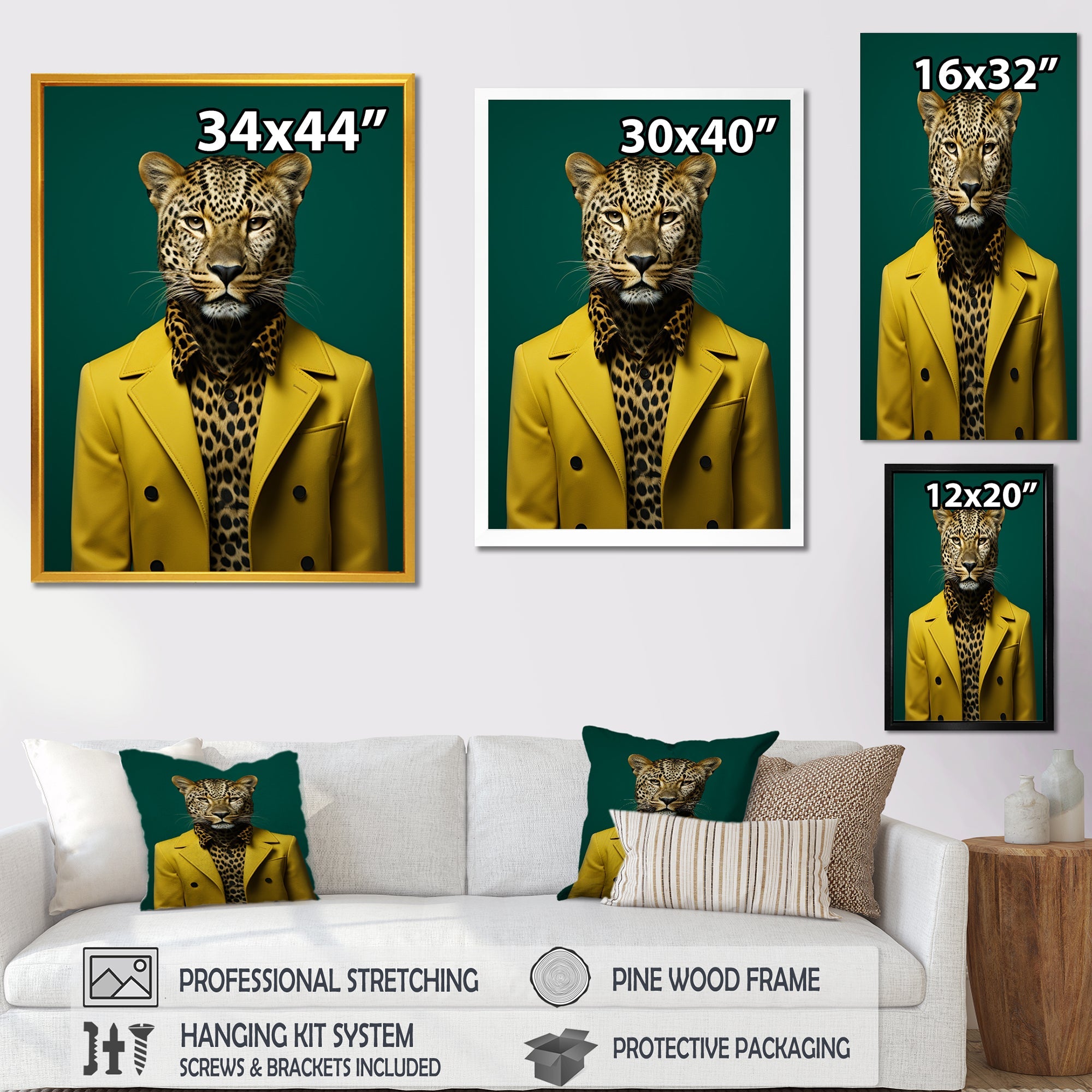 Yellow and green suited up cheetah - Tiger Fashion Large Canvas Wall Art