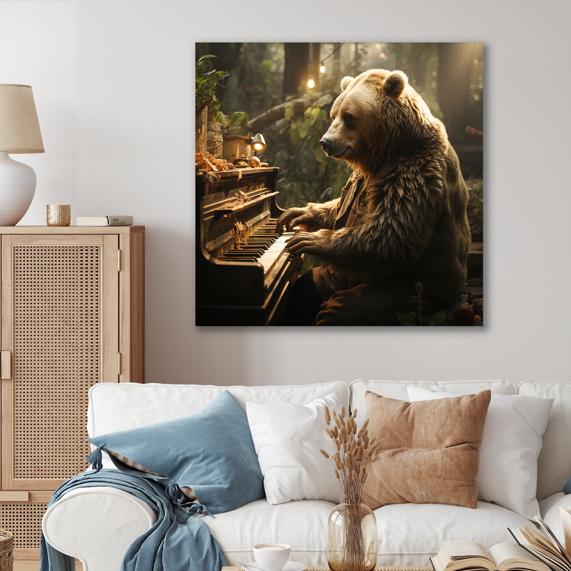 Forest bear playing piano - Bear Large Canvas Wall Art