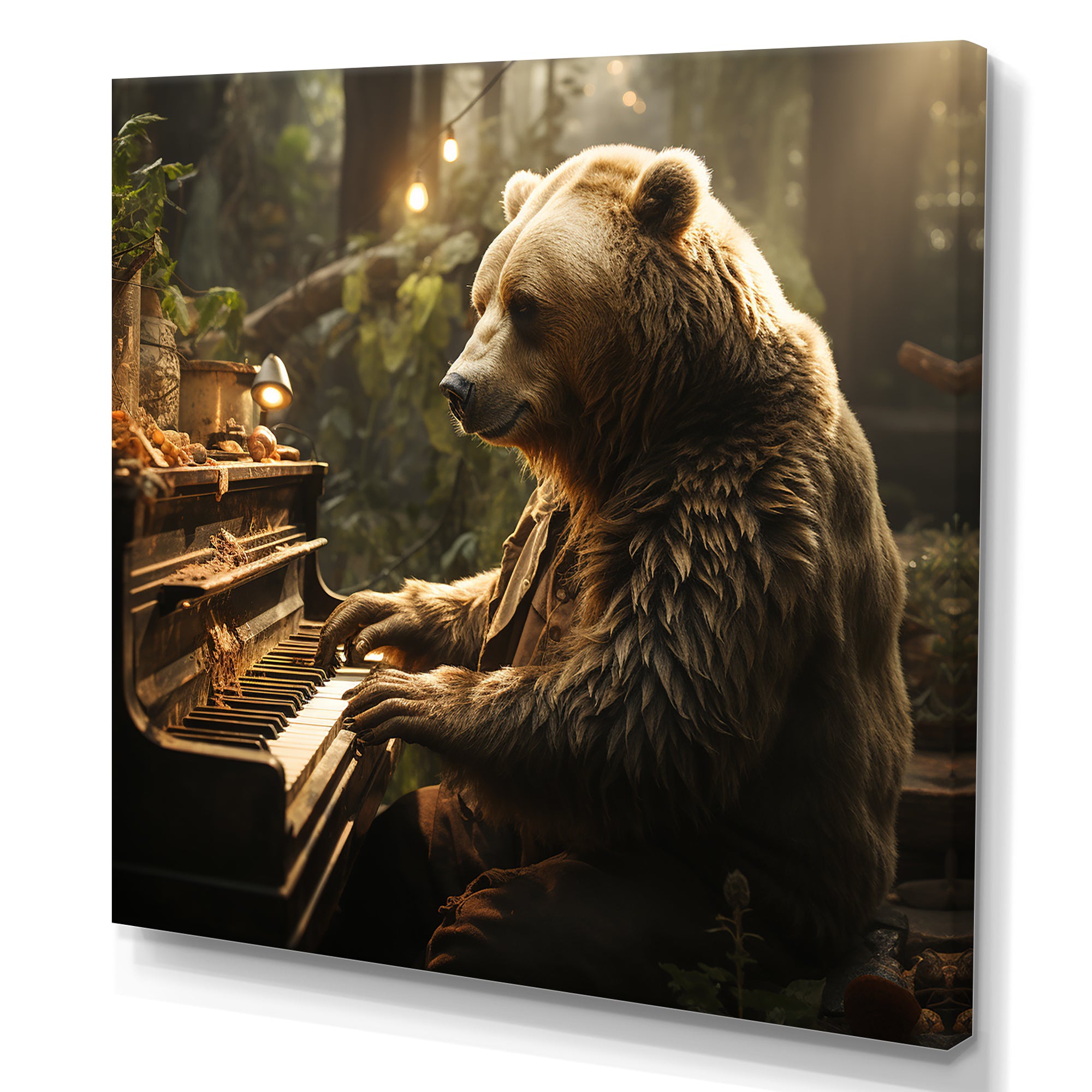 Forest bear playing piano - Bear Large Canvas Wall Art