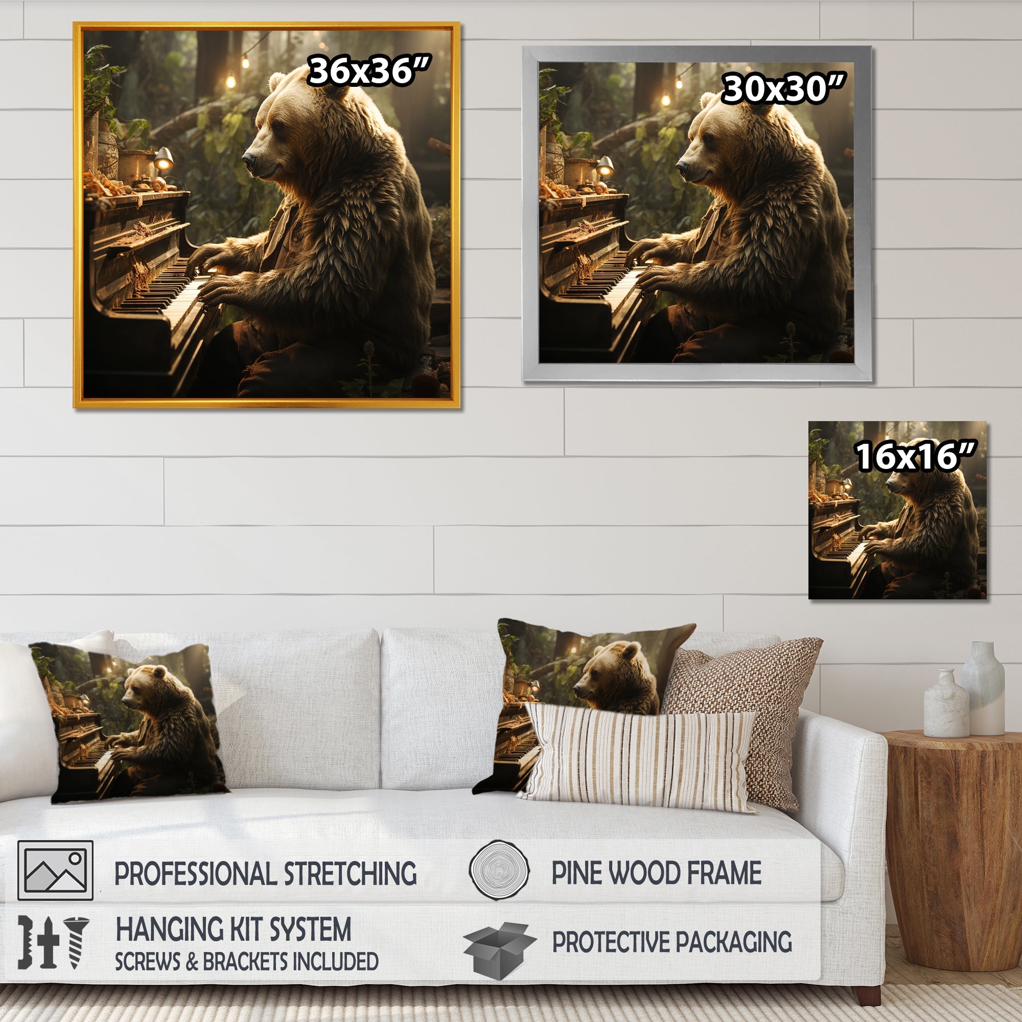 Forest bear playing piano - Bear Large Canvas Wall Art