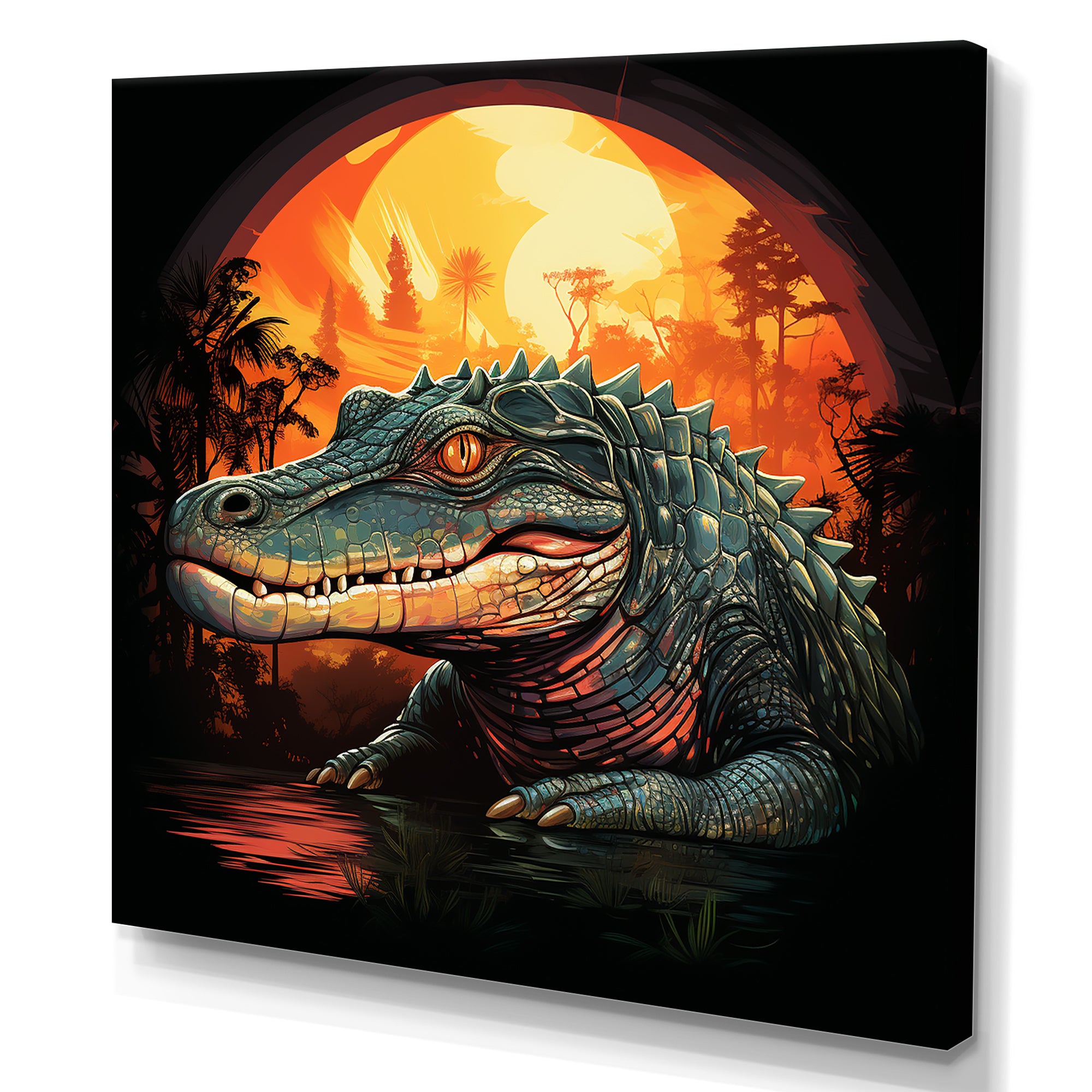 Orange and green Crocodile sunset - Crocodile Framed Canvas Art