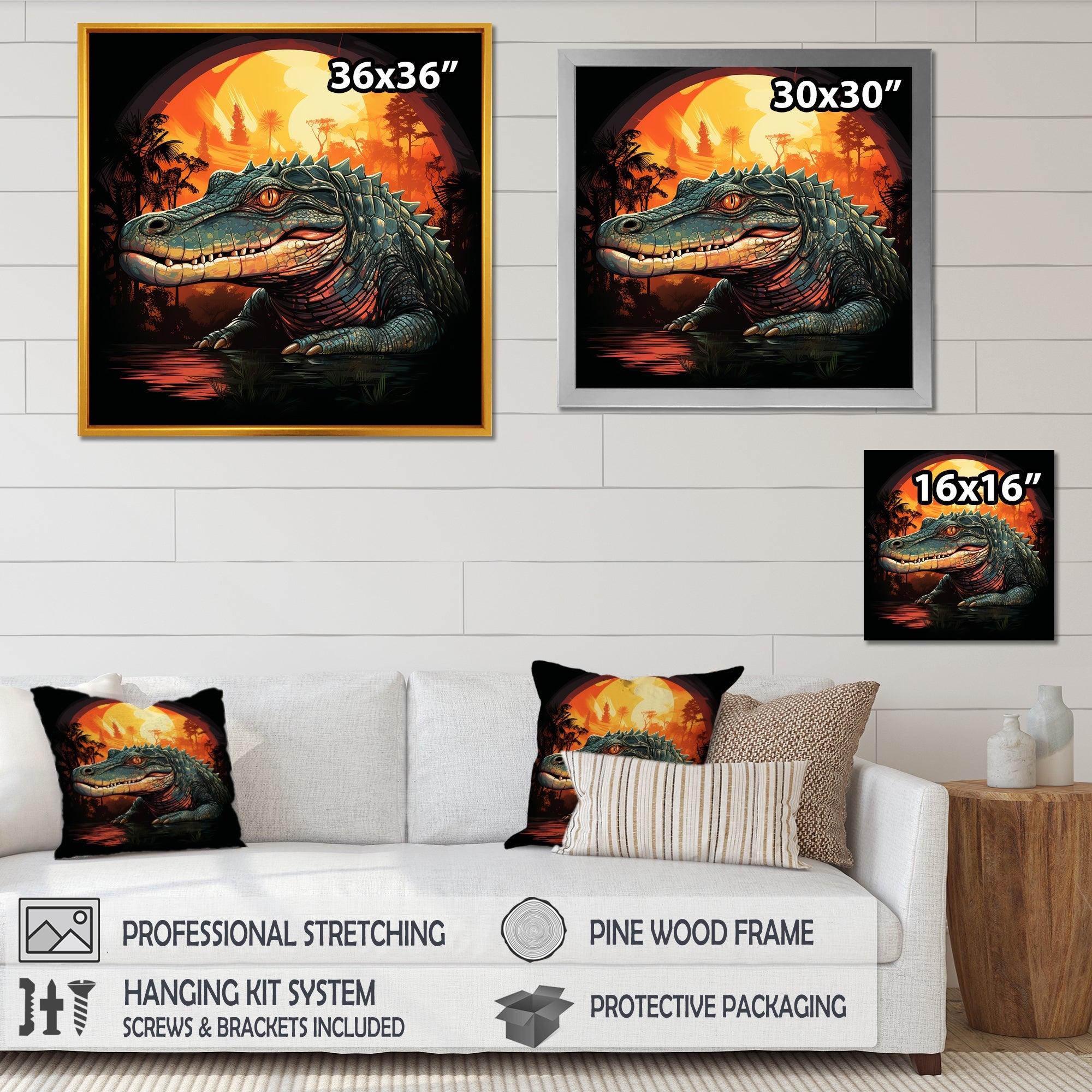 Orange and green Crocodile sunset - Crocodile Framed Canvas Art