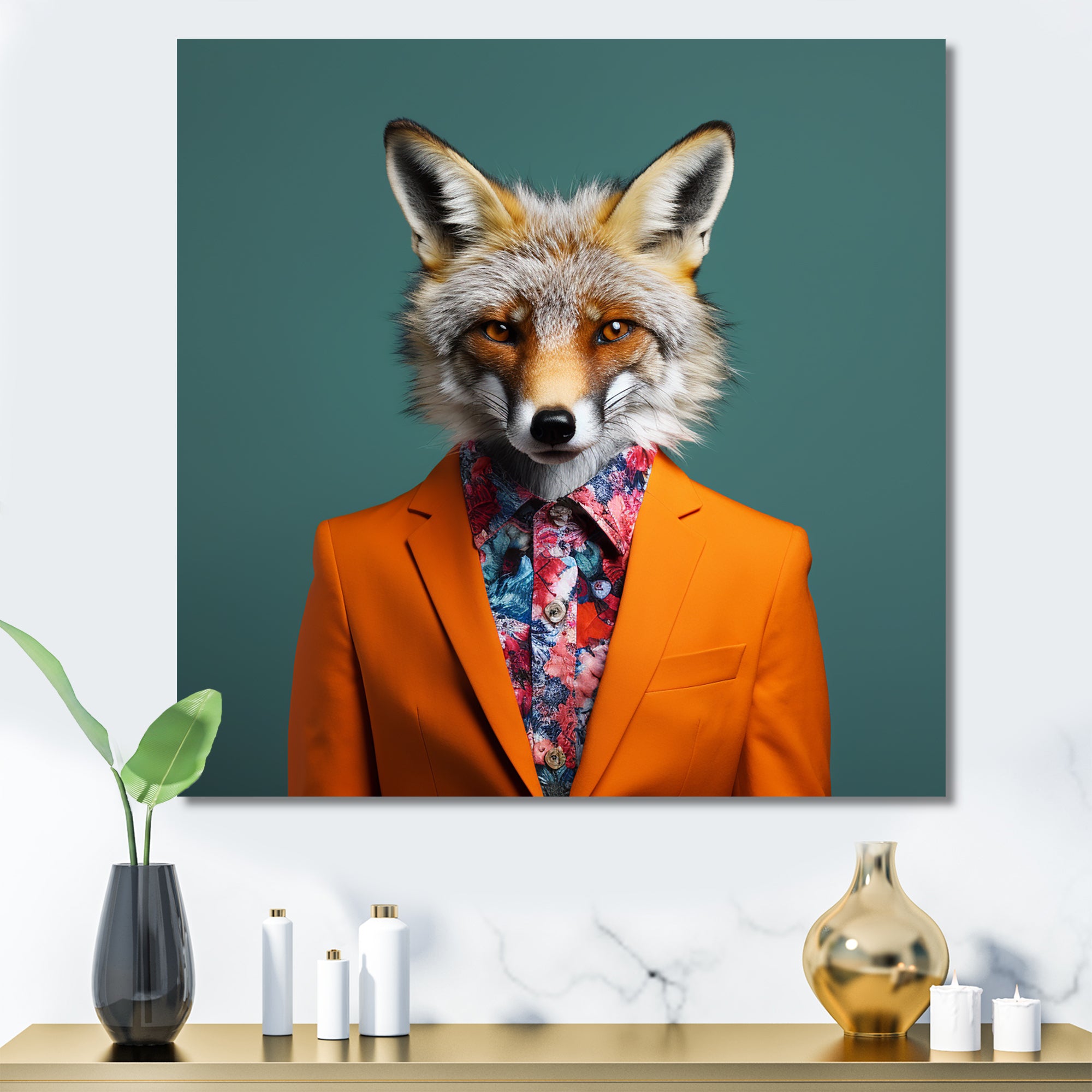 Orange and green suited up fox fashion - Orange Fox Wall Art