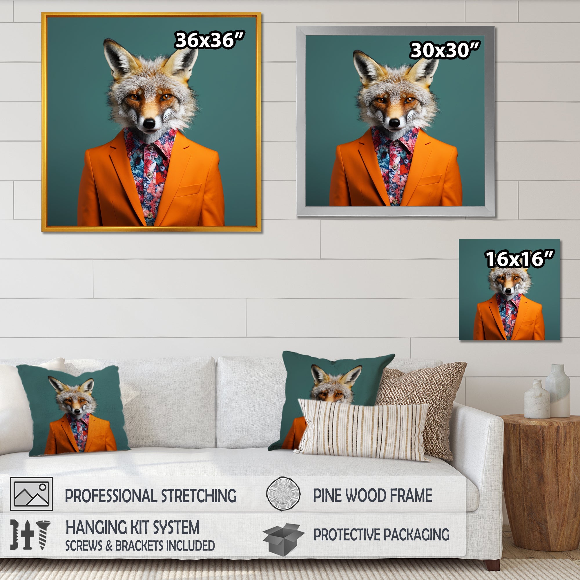 Orange and green suited up fox fashion - Orange Fox Wall Art