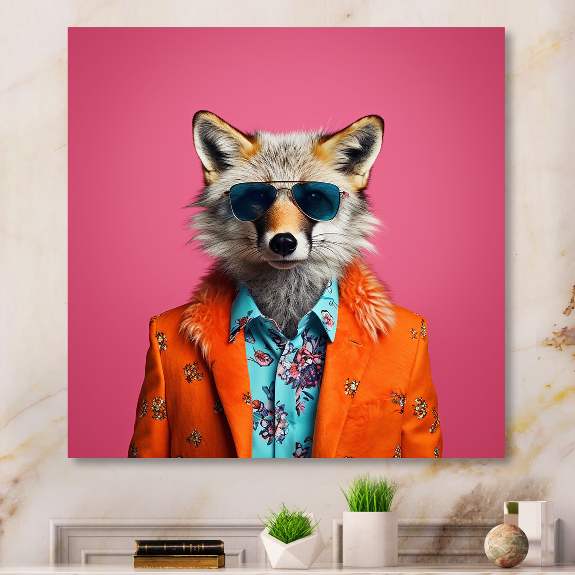 Orange and pink suited up fox fashion - Fox Large Canvas Wall Art