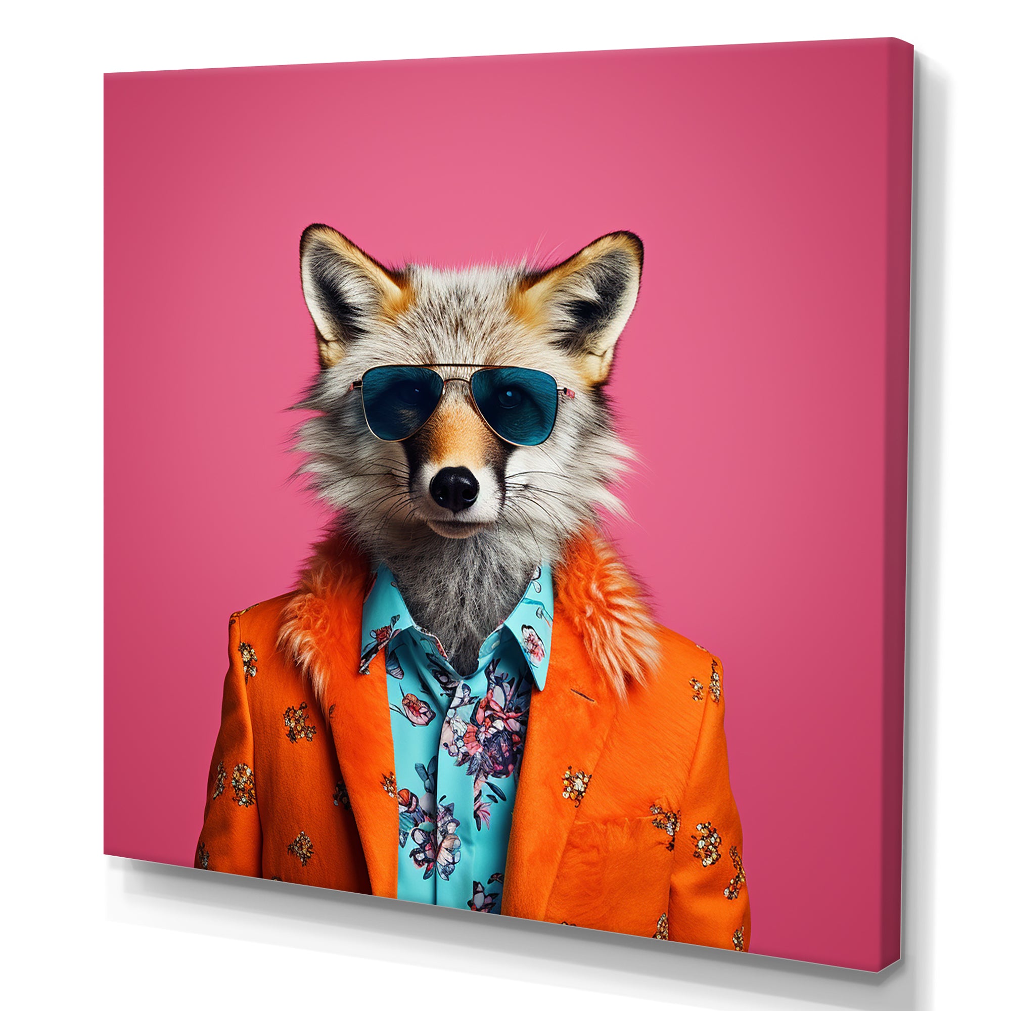 Orange and pink suited up fox fashion - Fox Large Canvas Wall Art