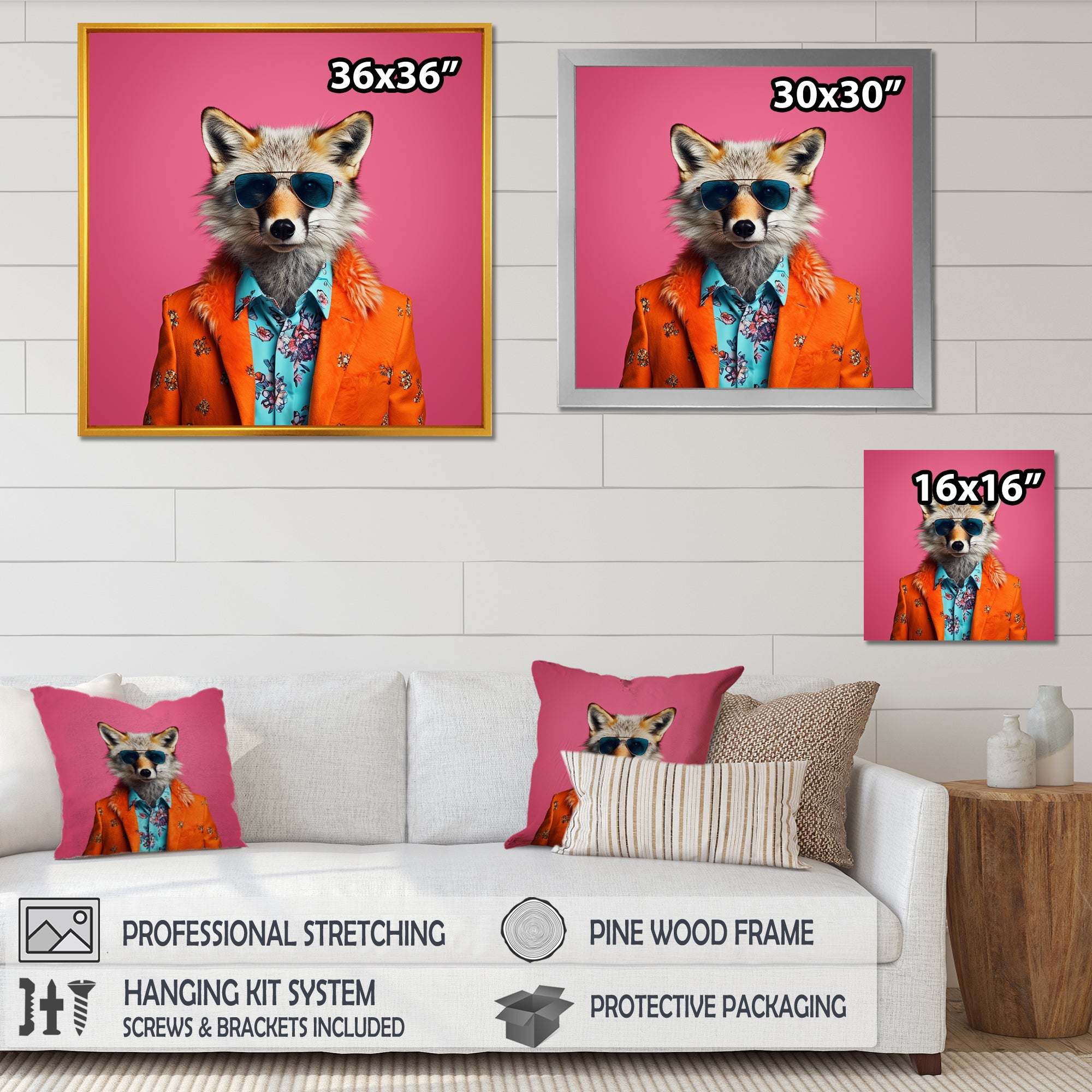 Orange and pink suited up fox fashion - Fox Large Canvas Wall Art
