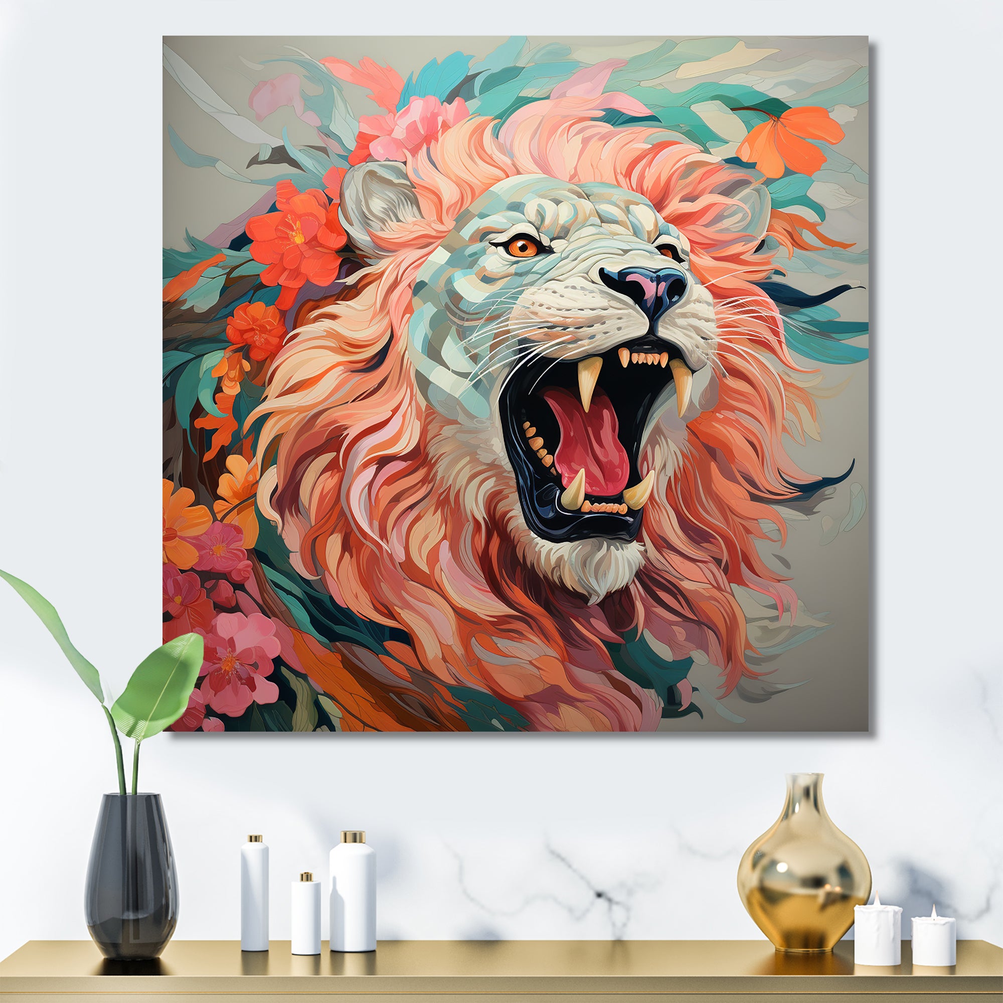 Pink and Grey Lion roar - Pink Lion Wall Art