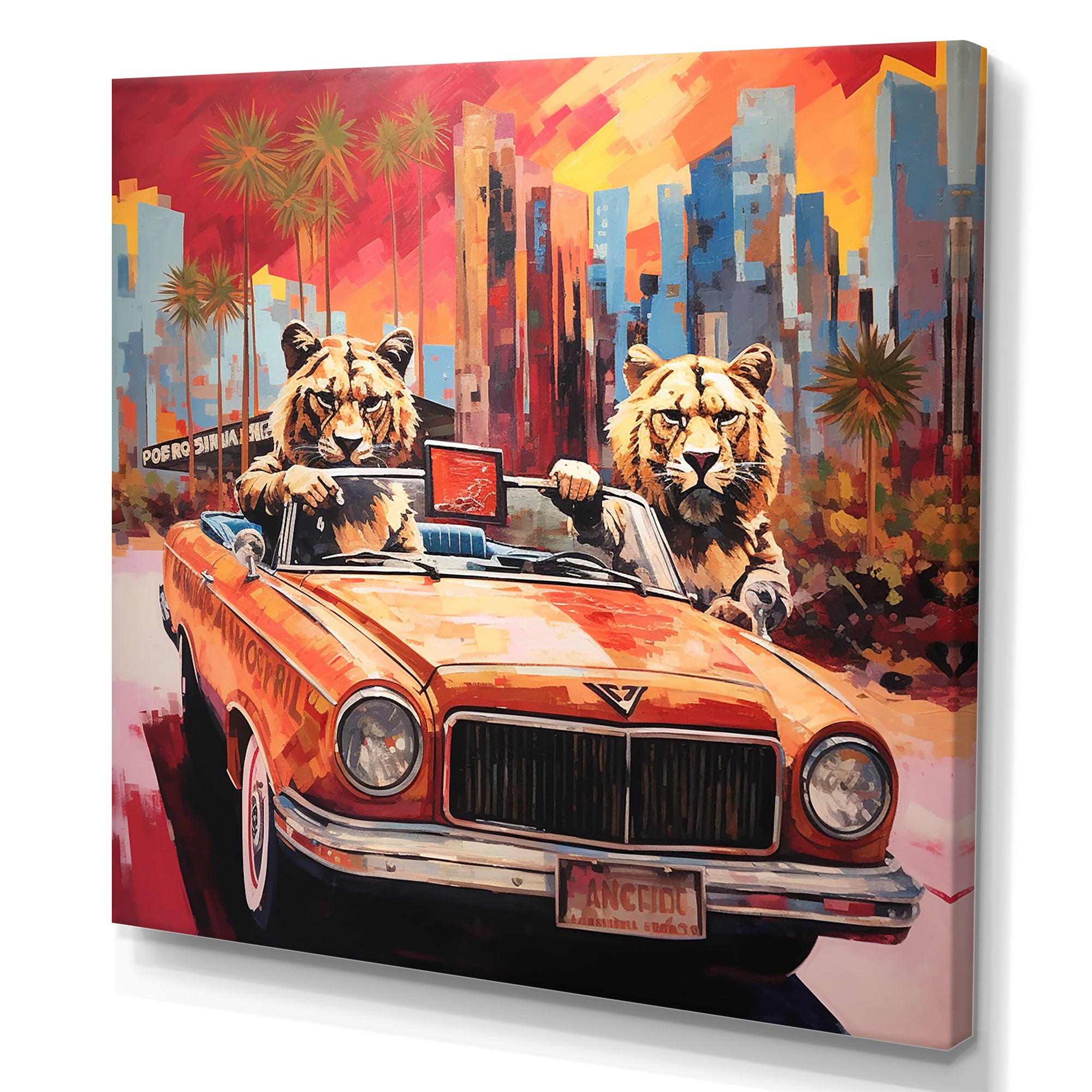 Lions riding in convertible - Lion Large Canvas Wall Art