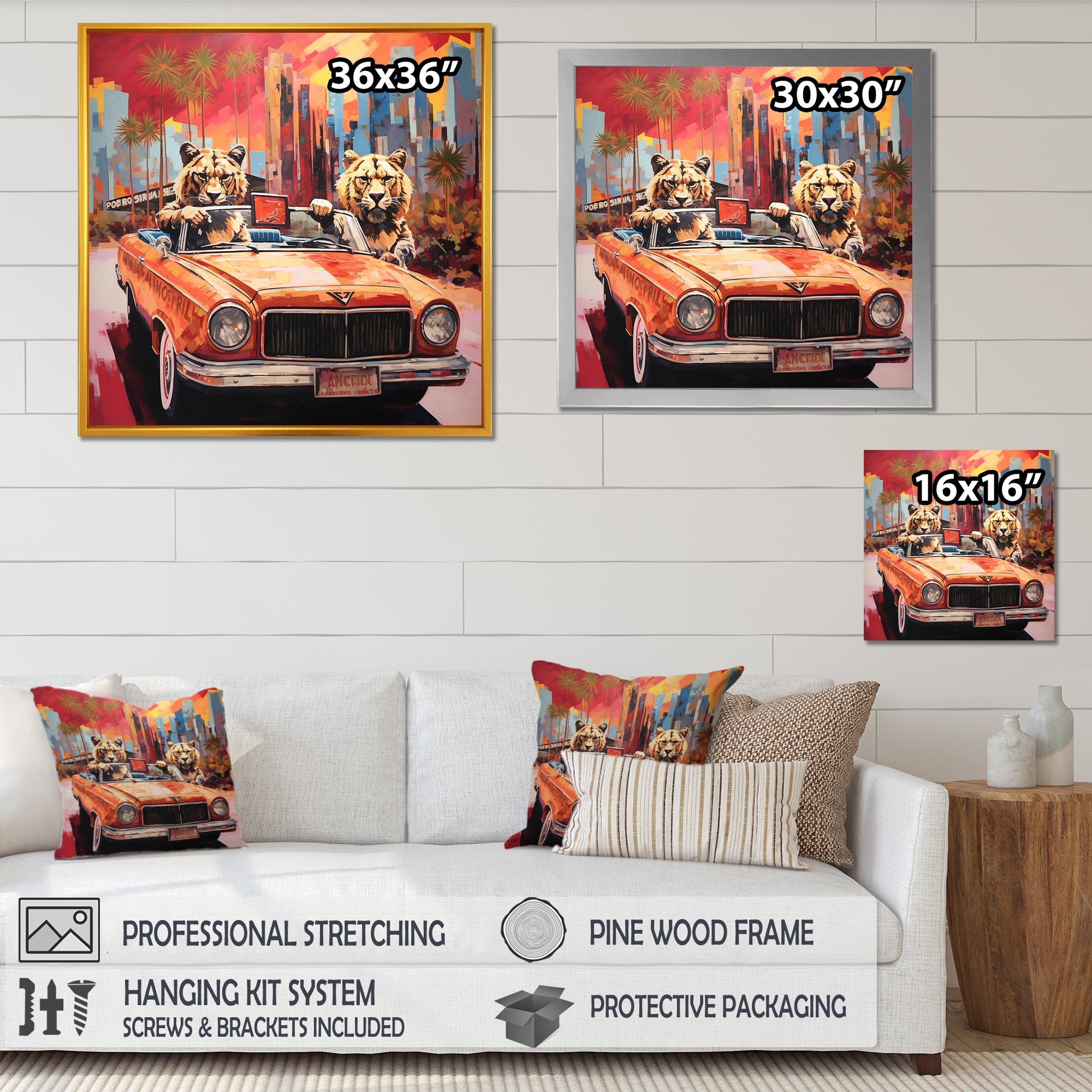 Lions riding in convertible - Lion Large Canvas Wall Art