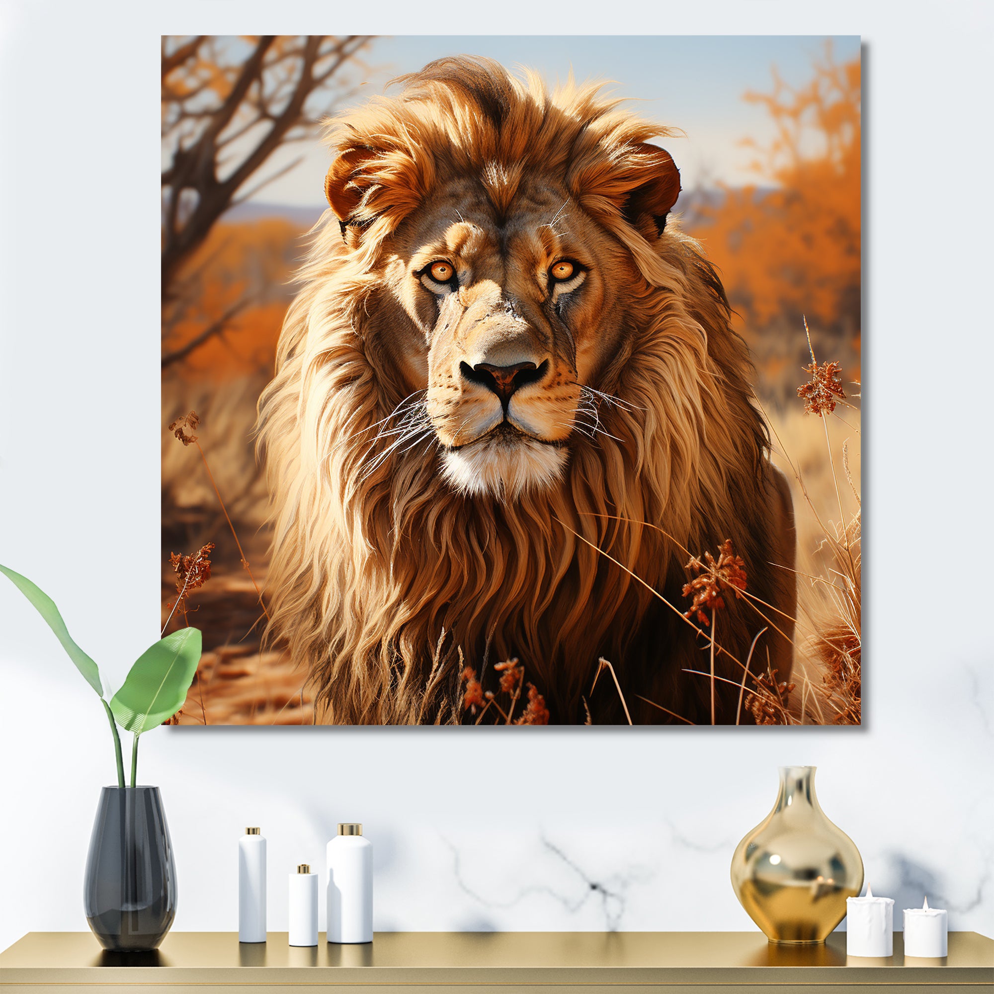 lion in an open savannah - Lion Home Decor Art