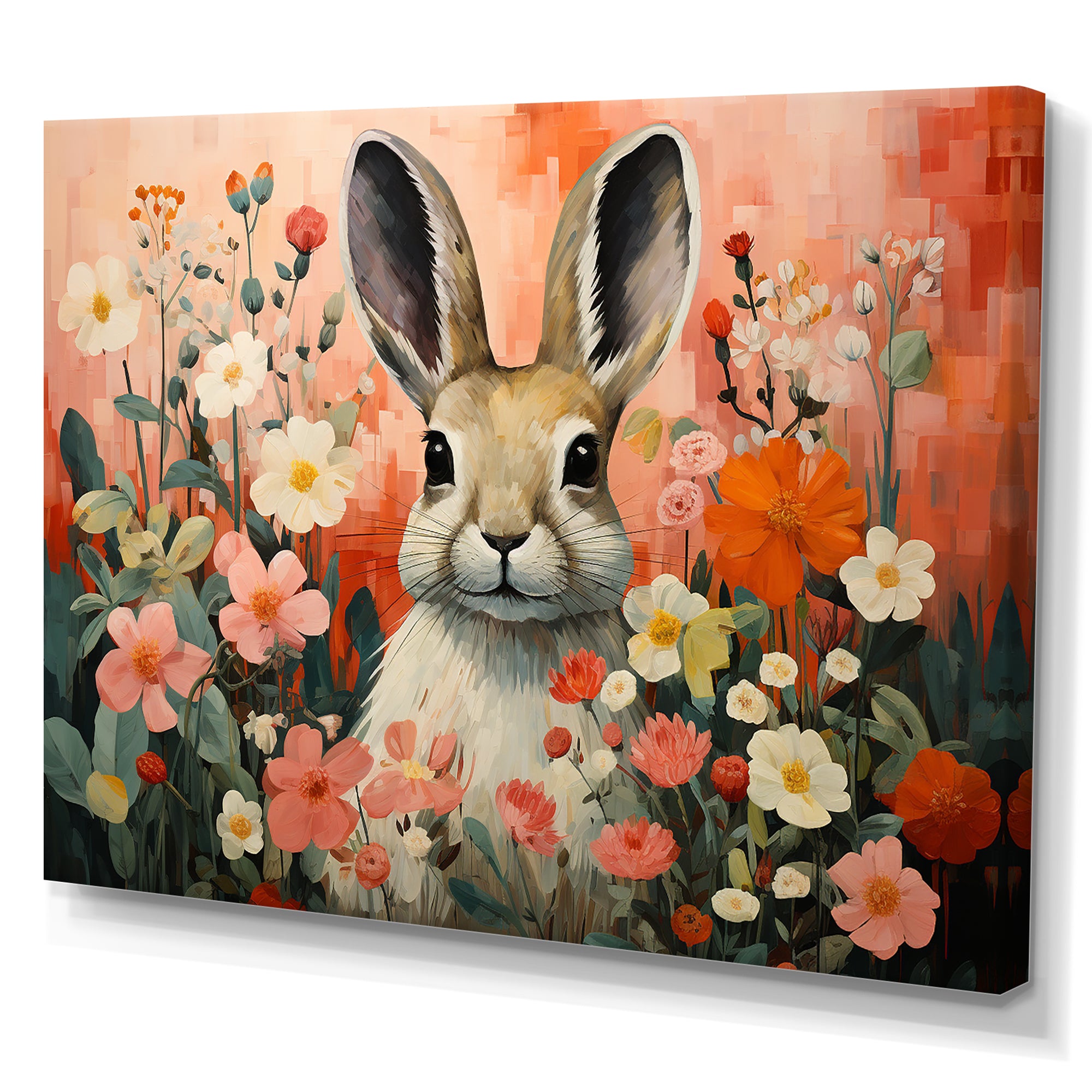 Pink Rabbit flower meadows - Rabbit Framed Canvas Art