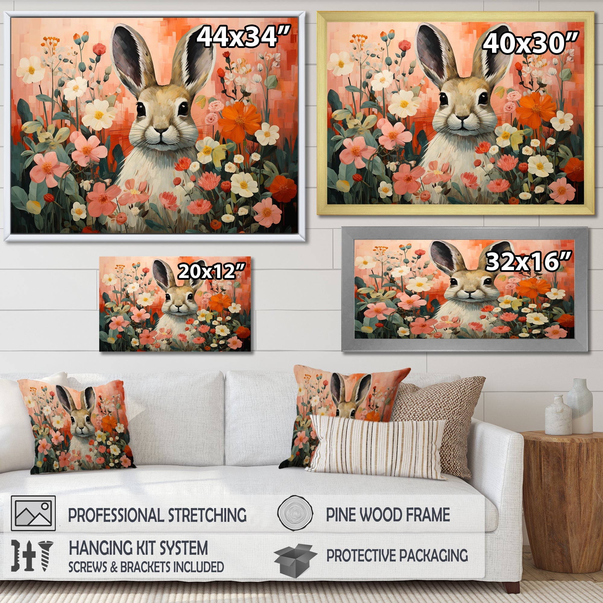 Pink Rabbit flower meadows - Rabbit Framed Canvas Art
