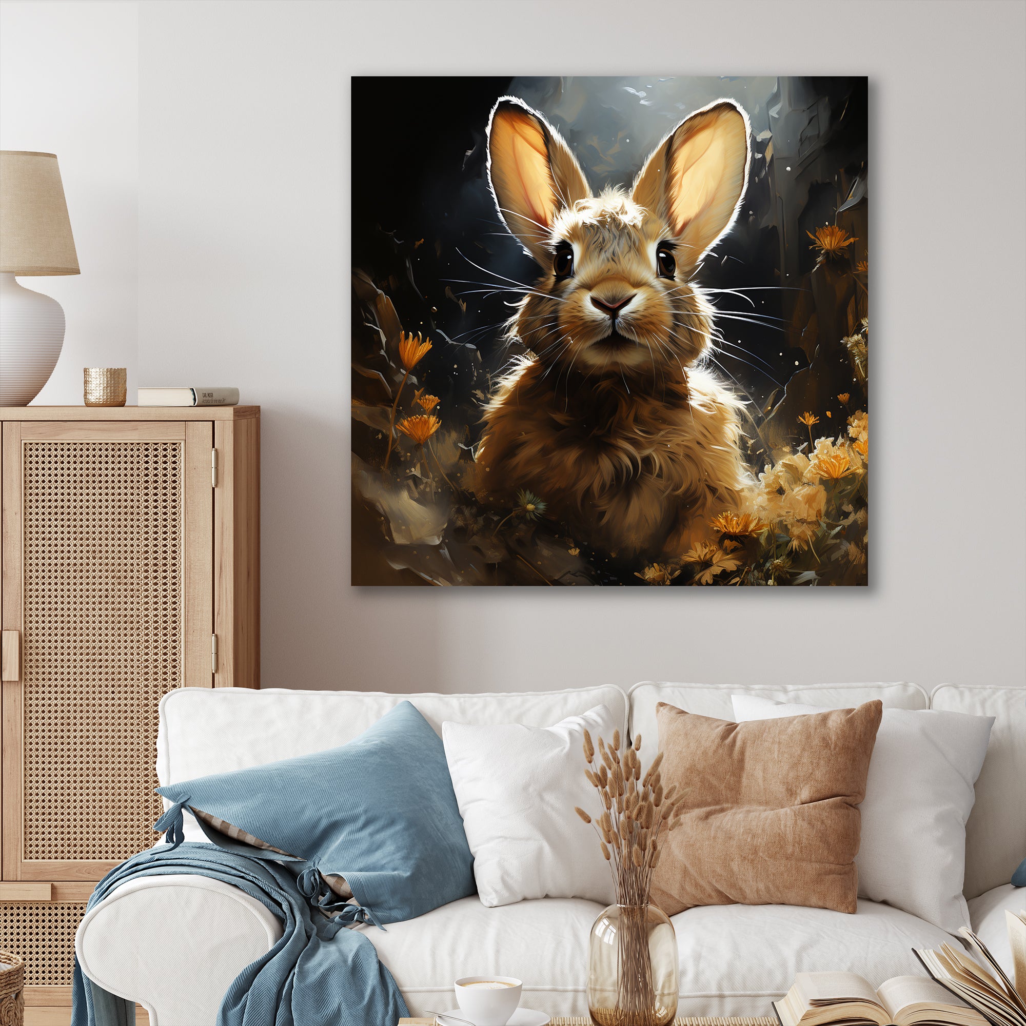 Curious floral rabbit meadow photo - Rabbit Living Room Wall Art