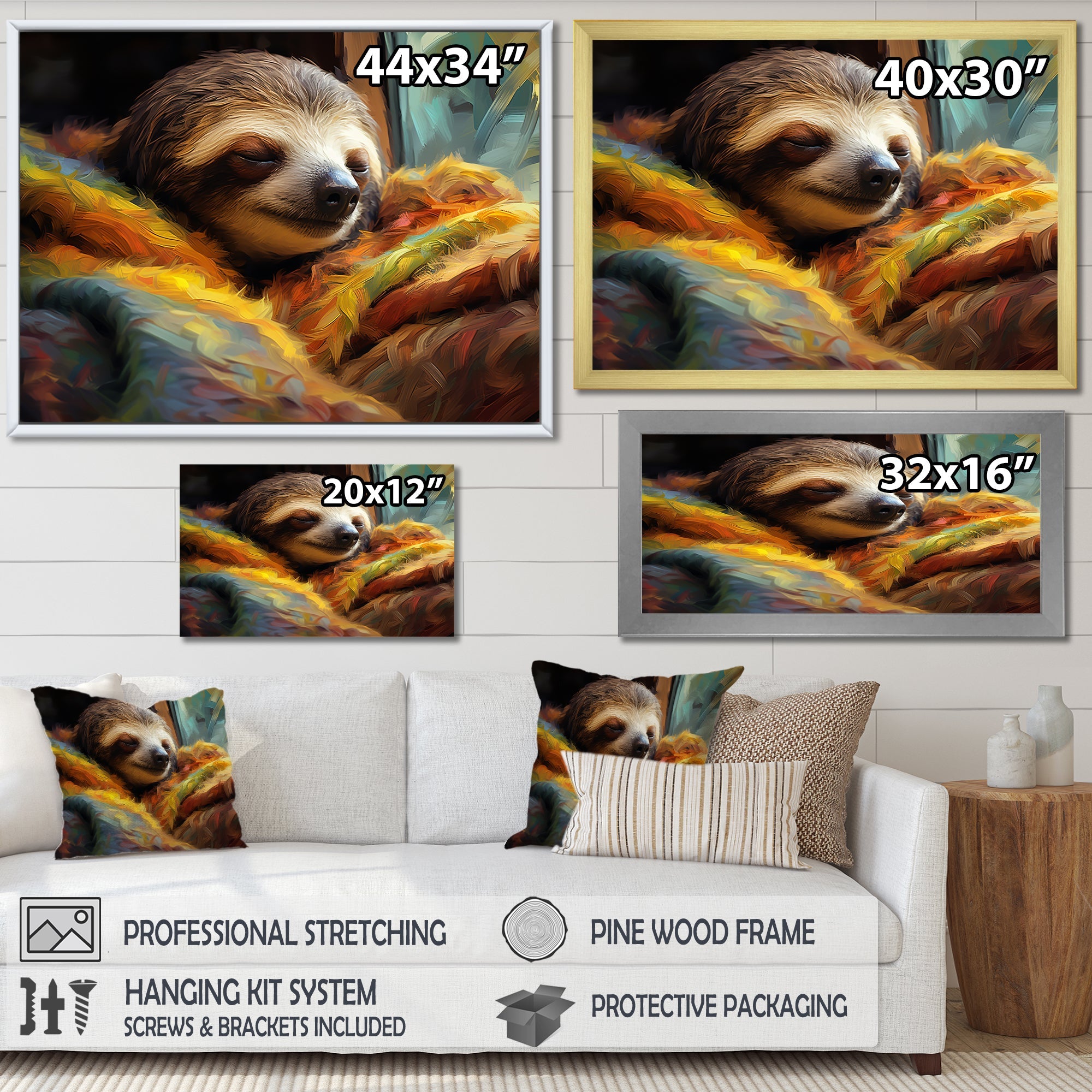 Grey and yellow Sloth Serenity sleep - Sloth Large Canvas Wall Art