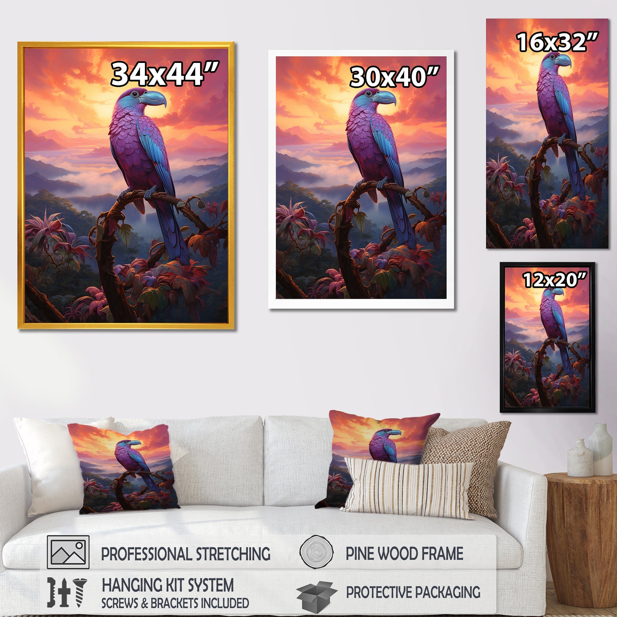 Pink and yellow Tropical Toucan jungle sunset - Toucan Framed Canvas Art