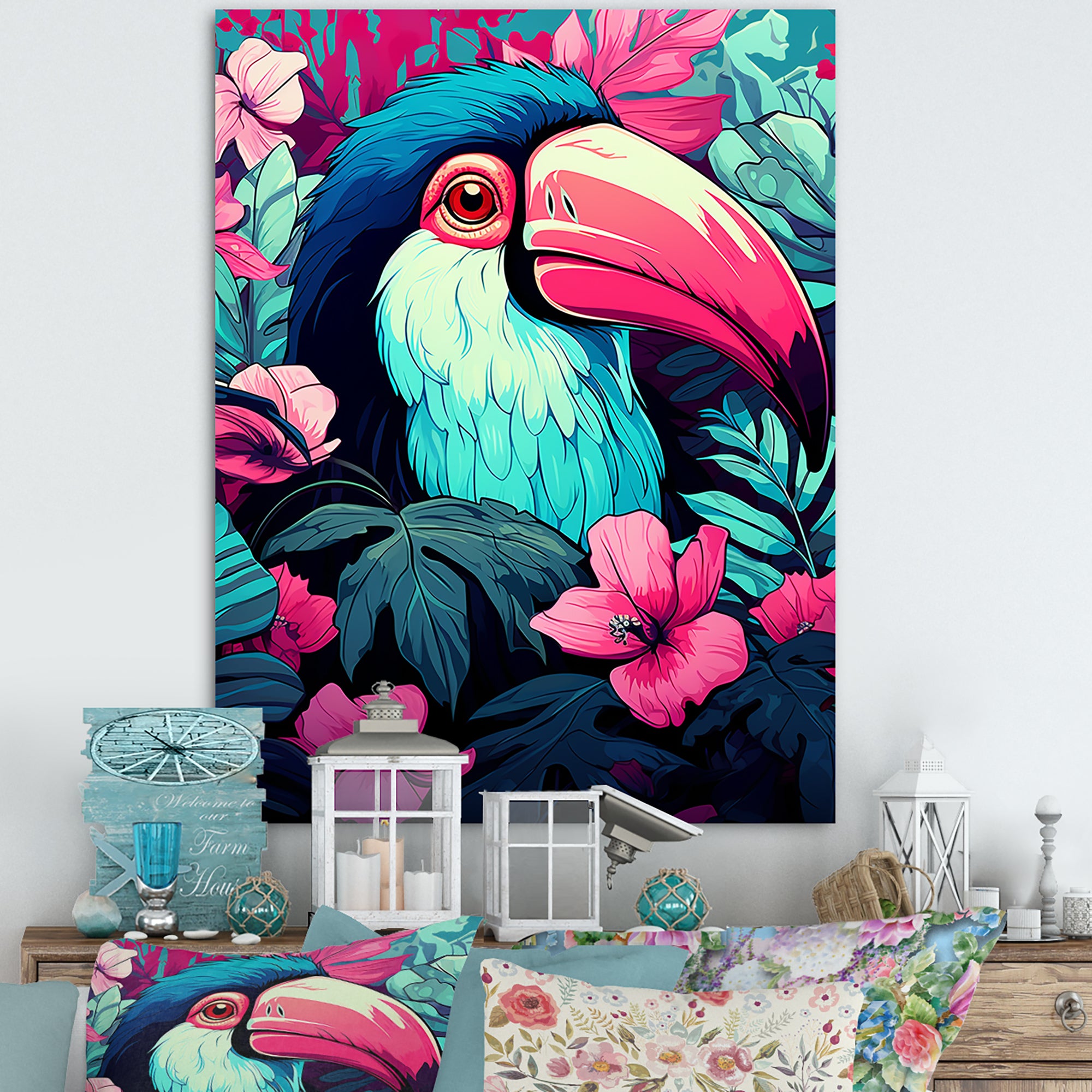 Pink and blue Tropical Toucans - Toucan Bedroom Wall Art
