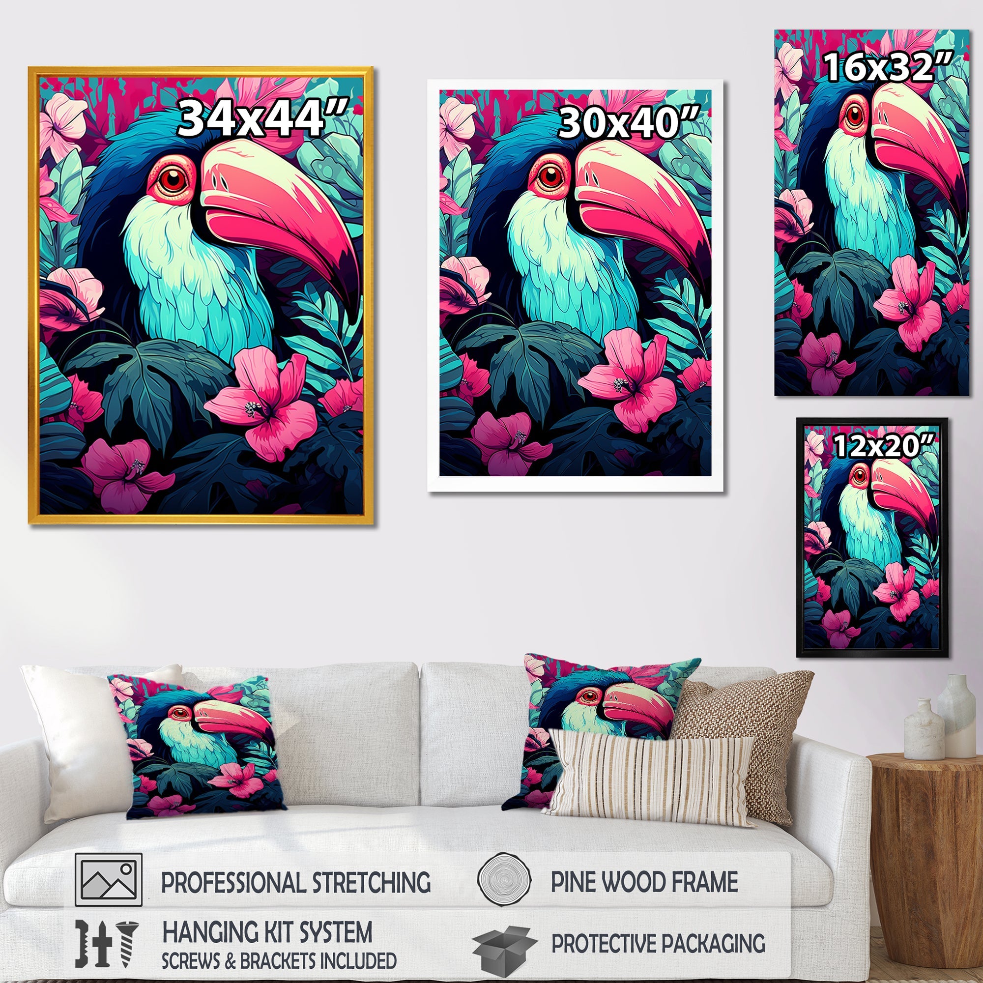 Pink and blue Tropical Toucans - Toucan Bedroom Wall Art