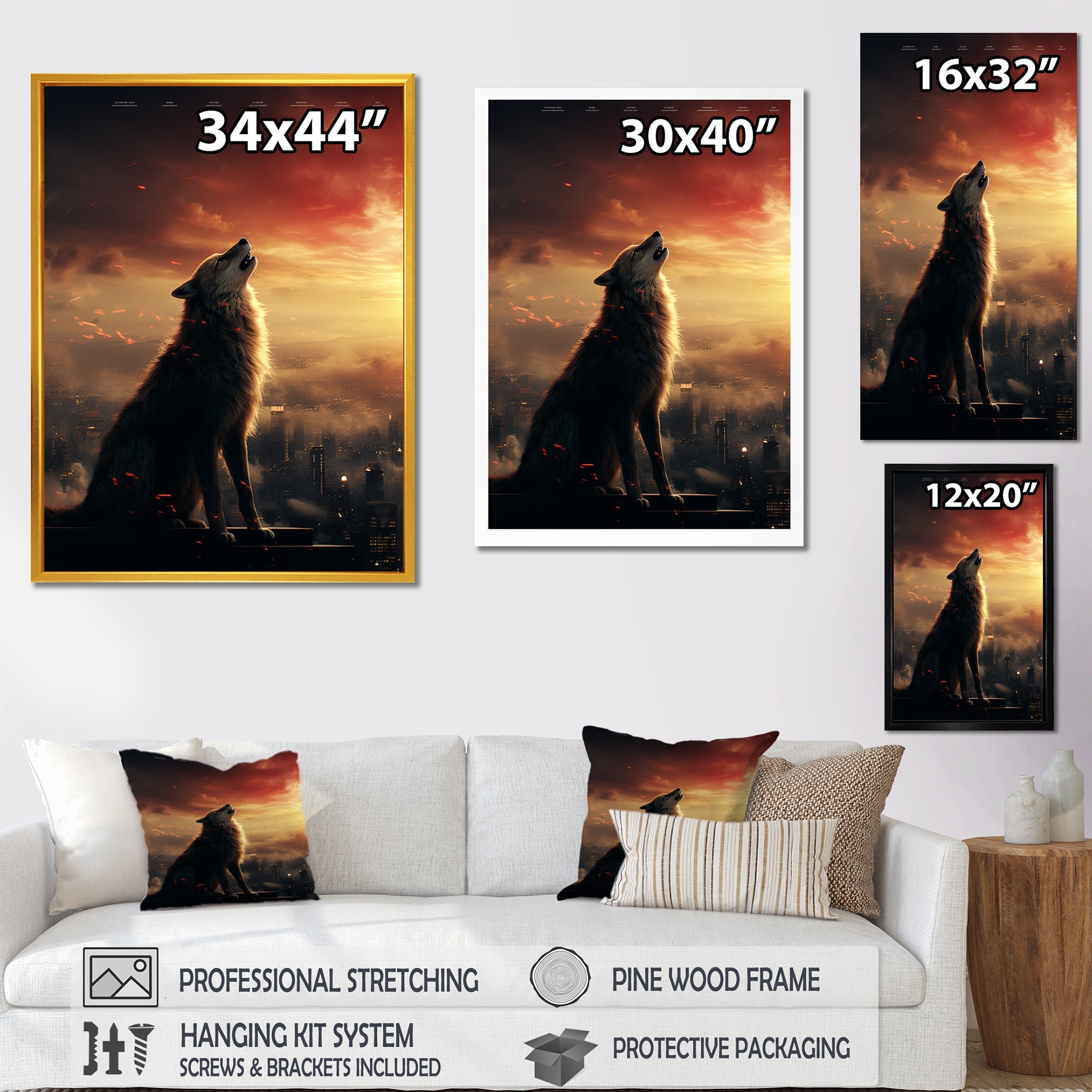 Yellow Howling wolf at sunset - Wolf Wall Decor