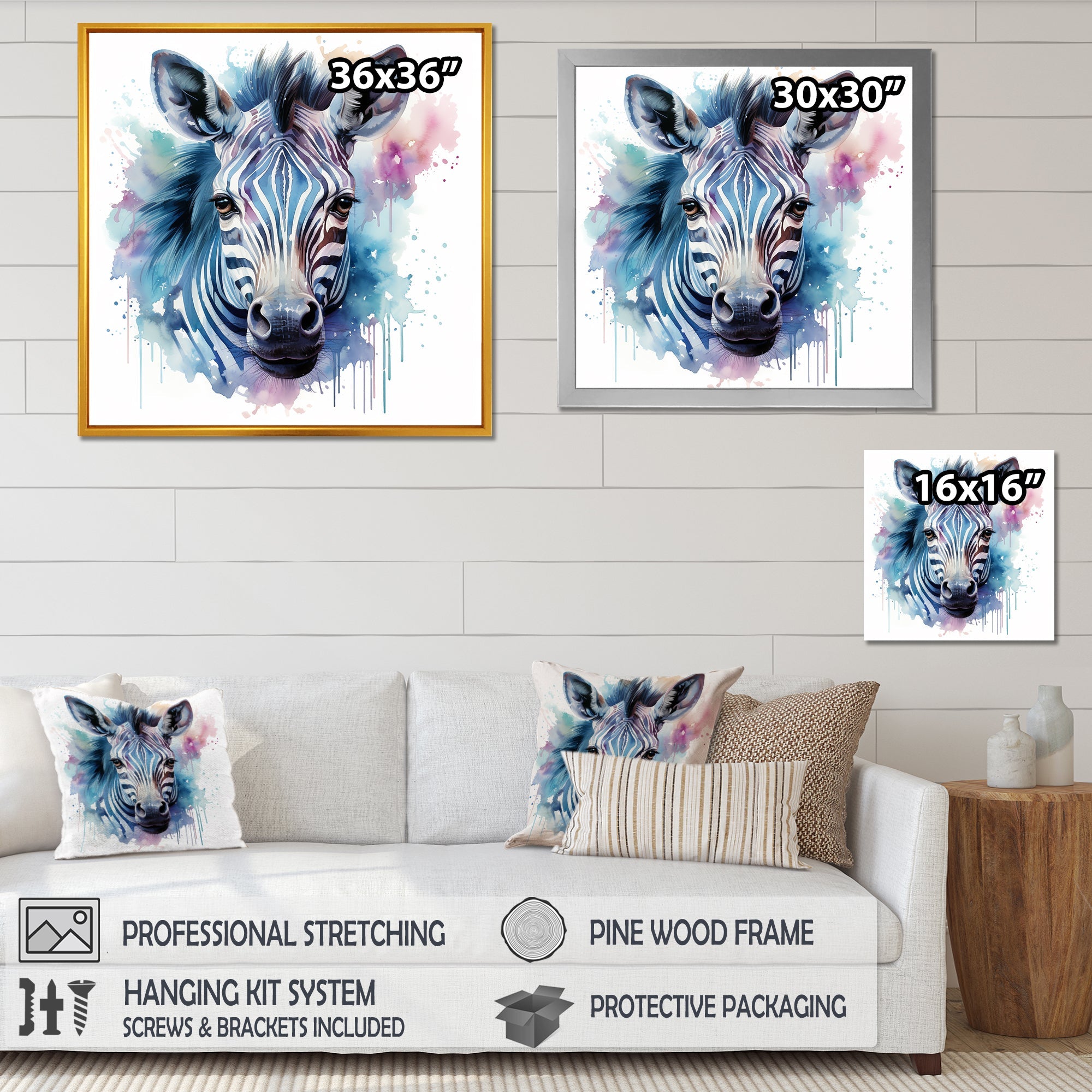 Blue and pink Zebra Savannah - Zebra Living Room Wall Art
