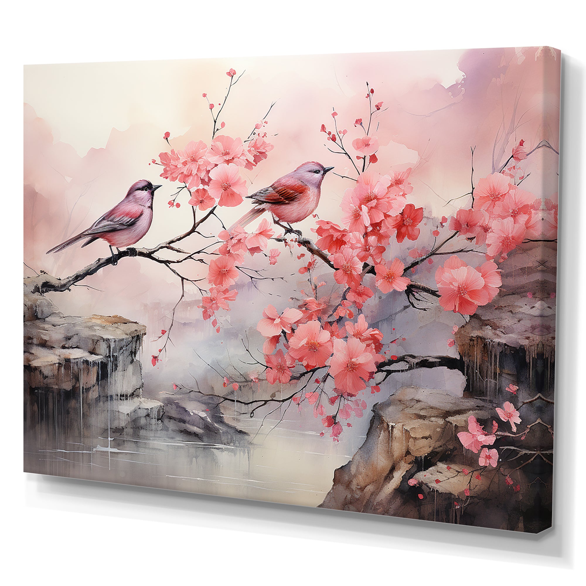 Sakura Pink birds on pink blossom tree - Pink Bird Wall Art