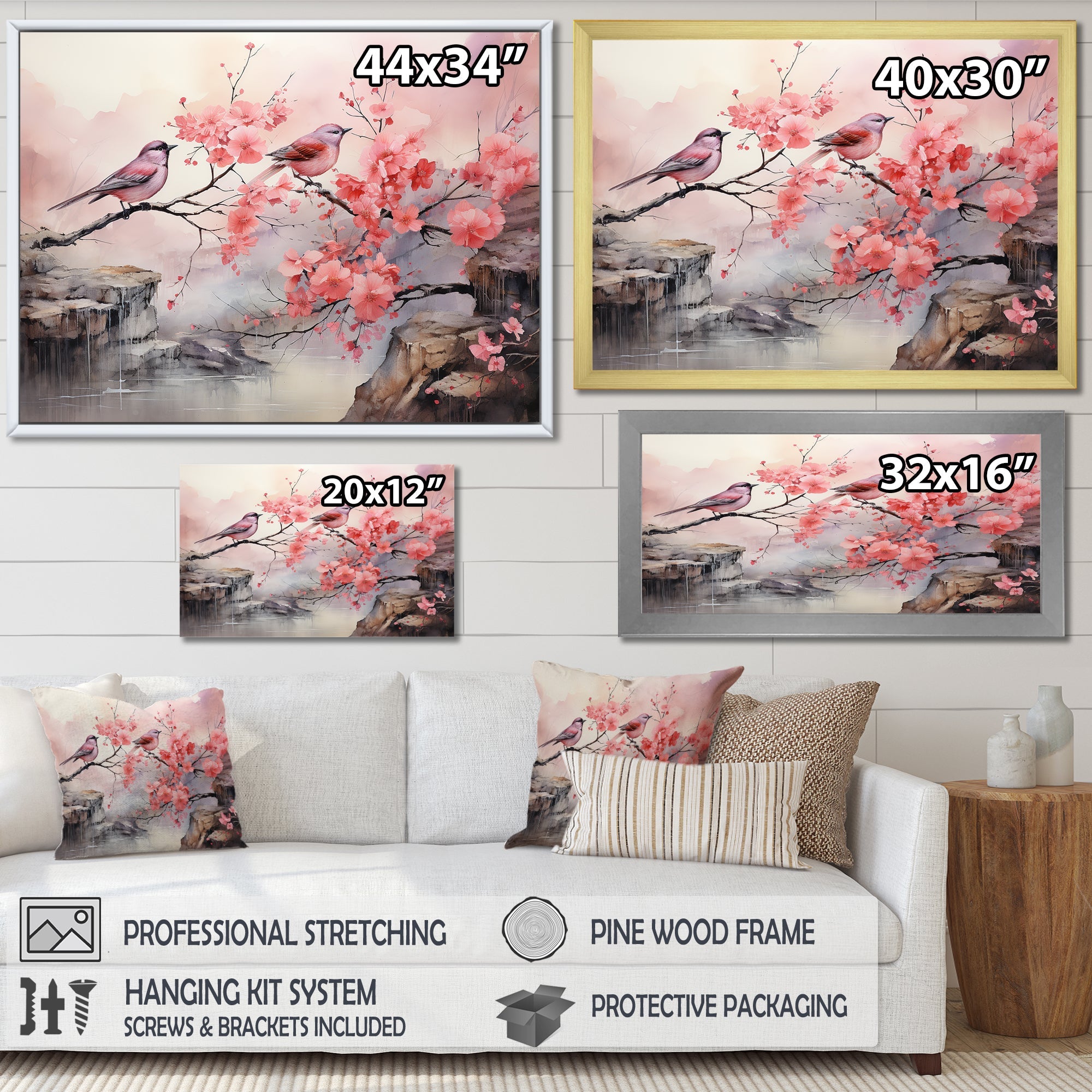 Sakura Pink birds on pink blossom tree - Pink Bird Wall Art