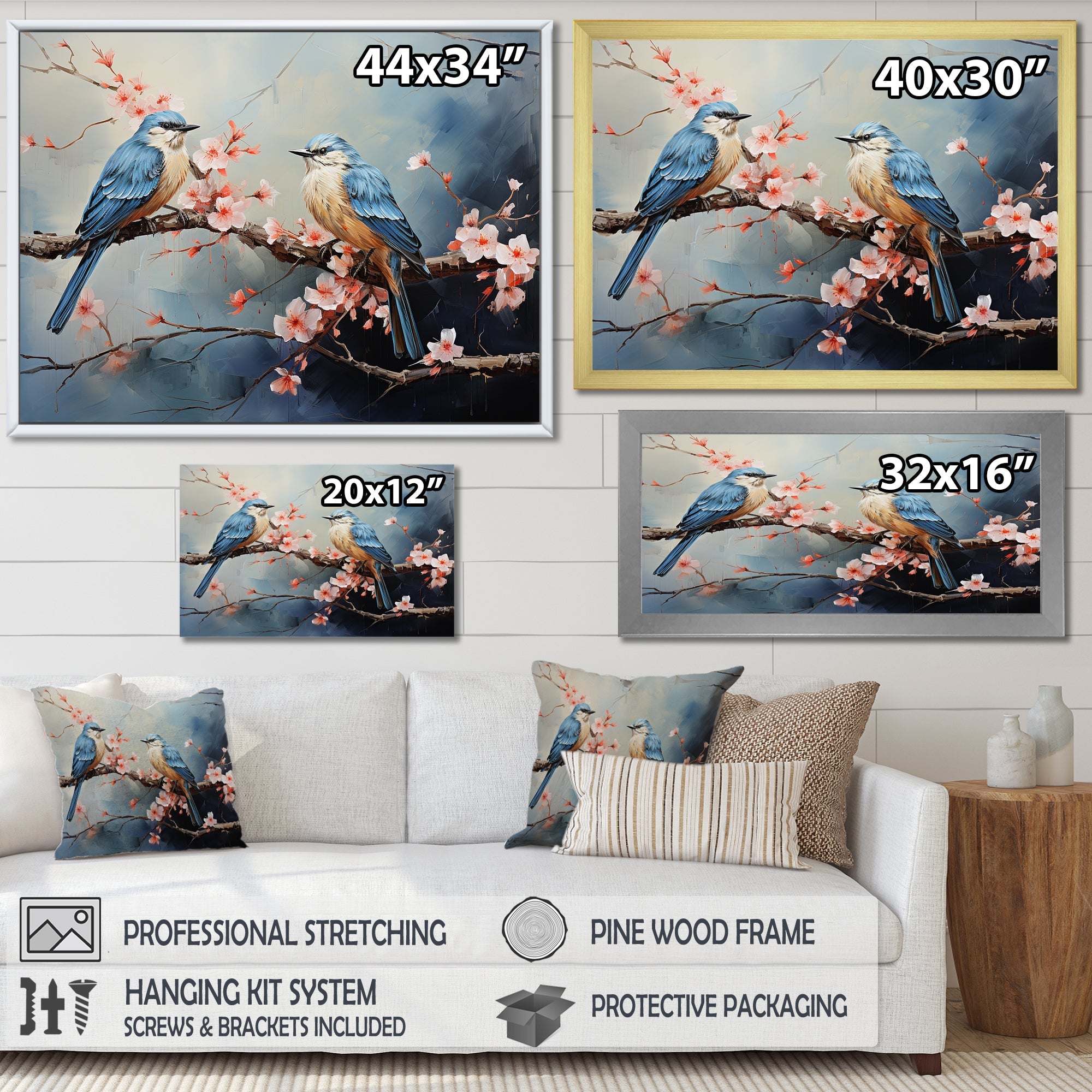 Sakura blue birds on pink blossom tree - Bird Framed Canvas Art