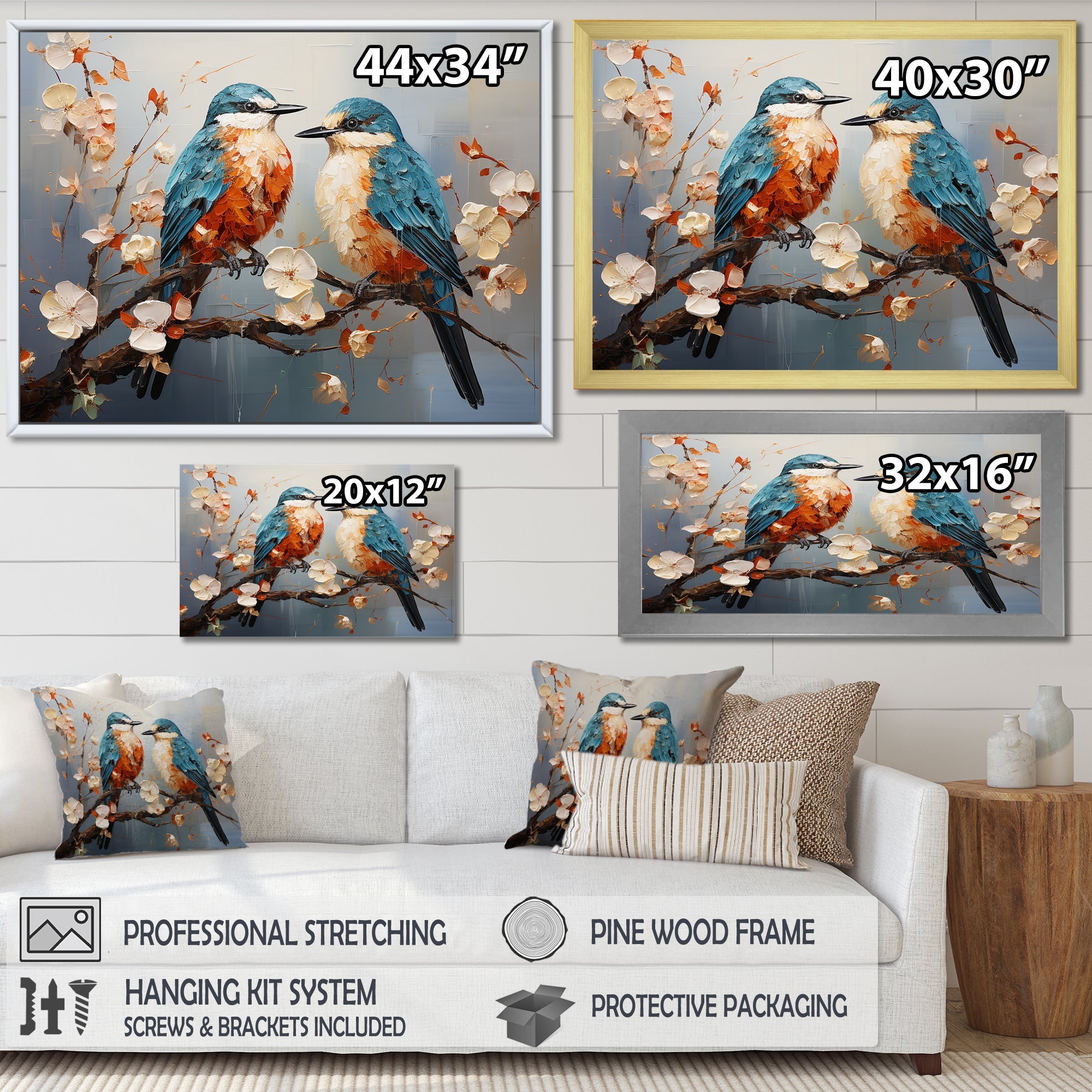Orange and blue birds on blossom tree - Bird Living Room Wall Art