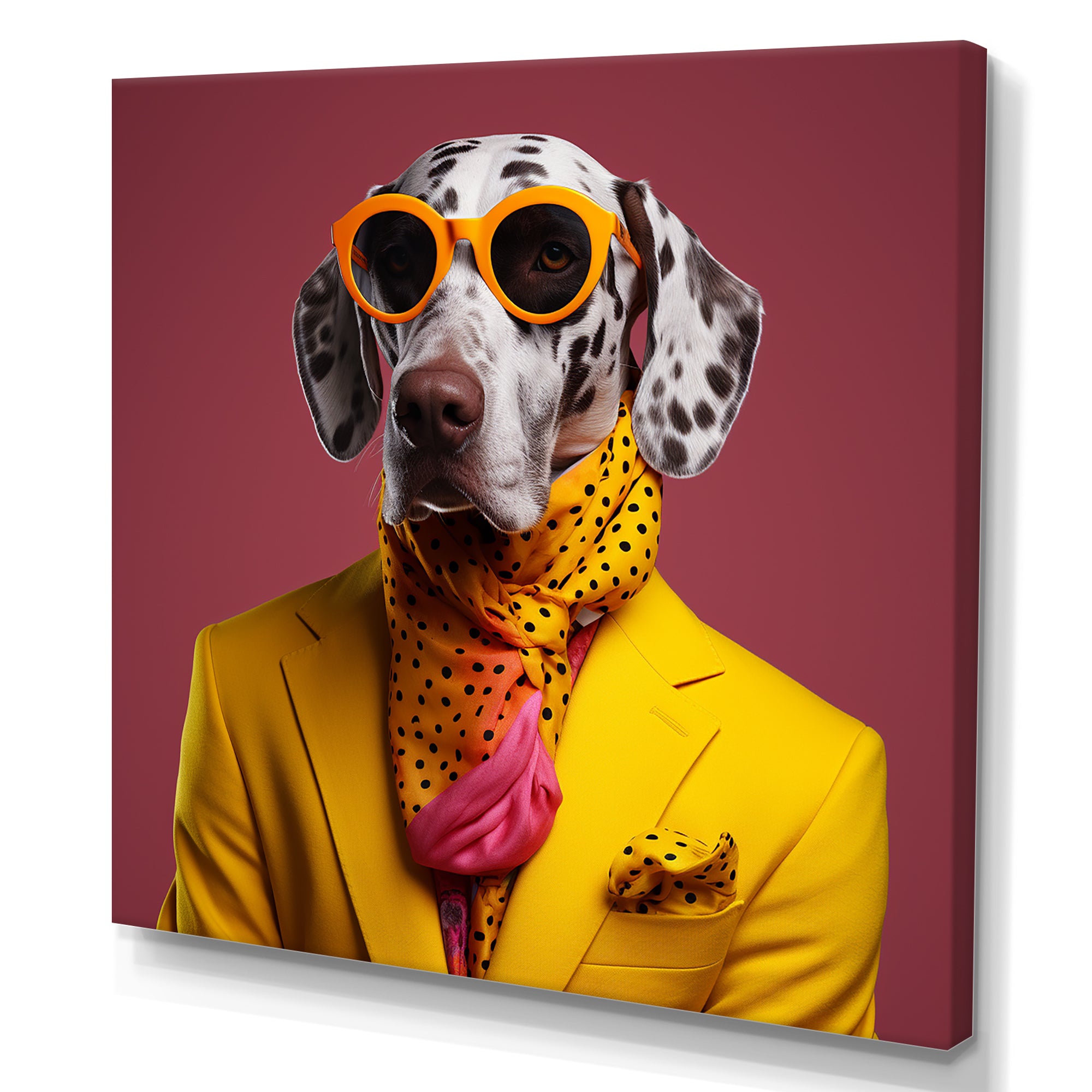 Yellow and orange Fashion first suited dog - Dog Framed Canvas Art