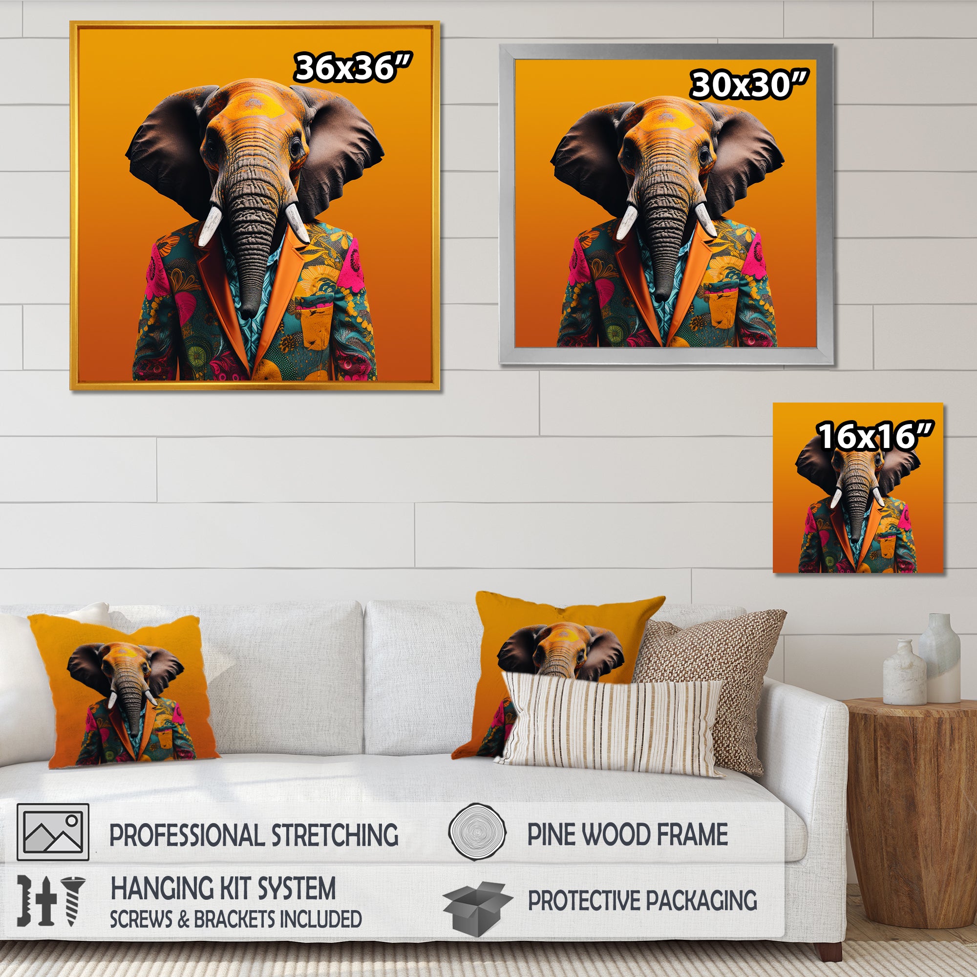 Elephant suited up Yellow and pink - Elephant Large Canvas Wall Art