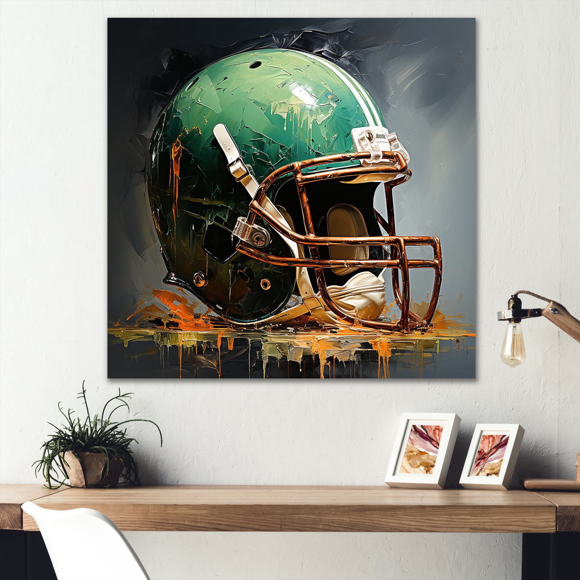 Green And Black American Football Helmet - Sport Football Canvas Wall Art