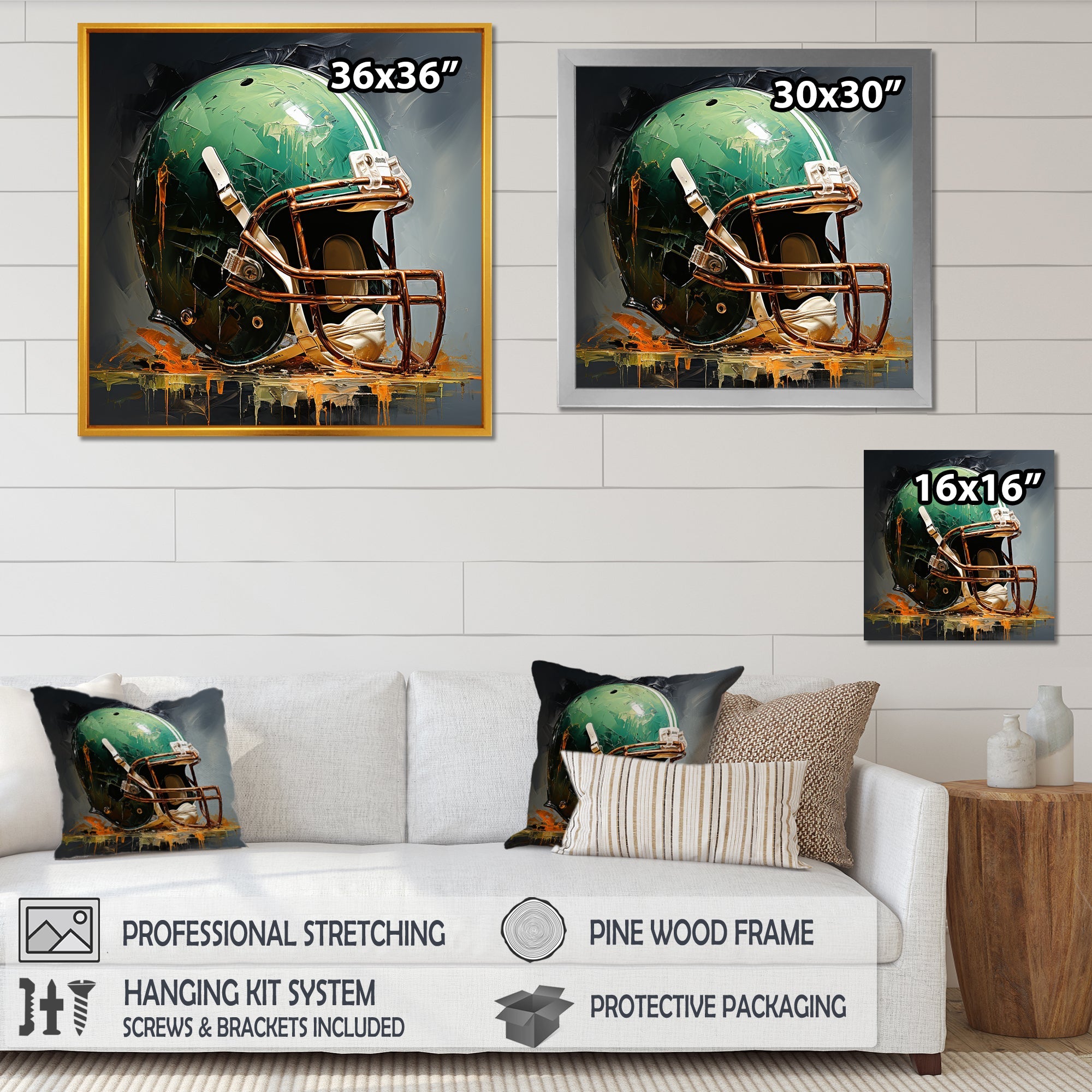 Green And Black American Football Helmet - Sport Football Canvas Wall Art