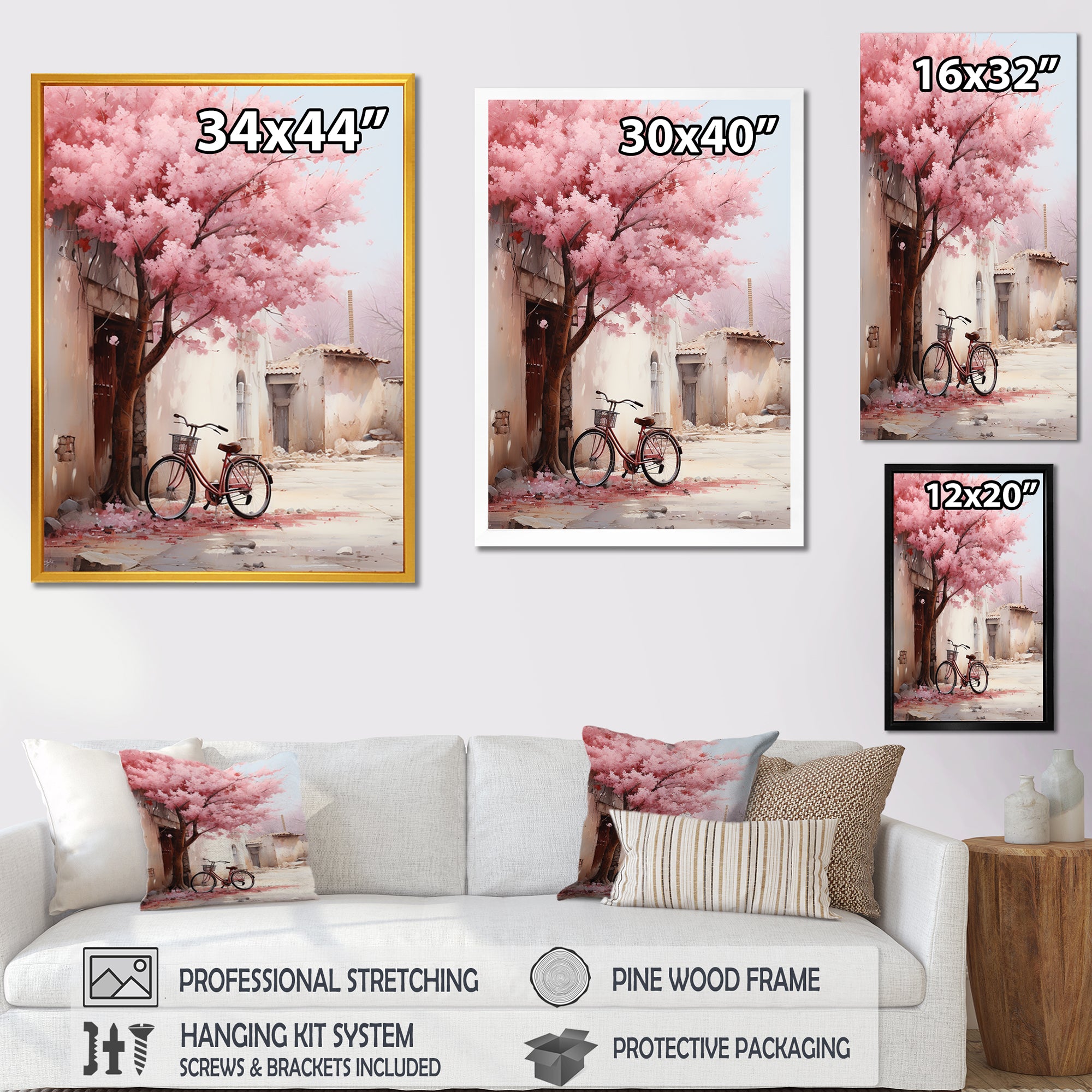 Pink and white springtime florals bicycle I - Bicycle Canvas Wall Art