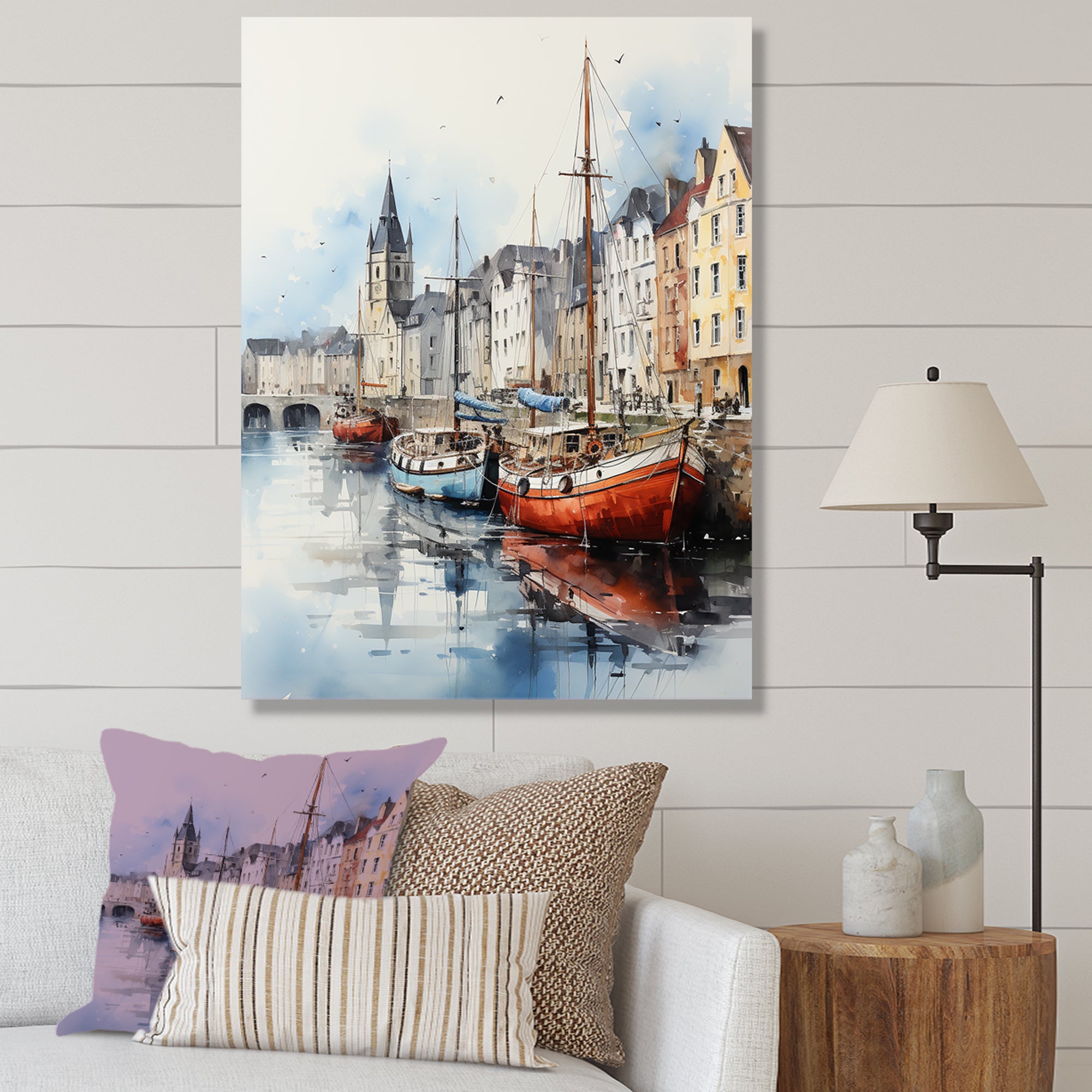 Red and grey Fishing Boat at port I - Boat Fishing Canvas Wall Art