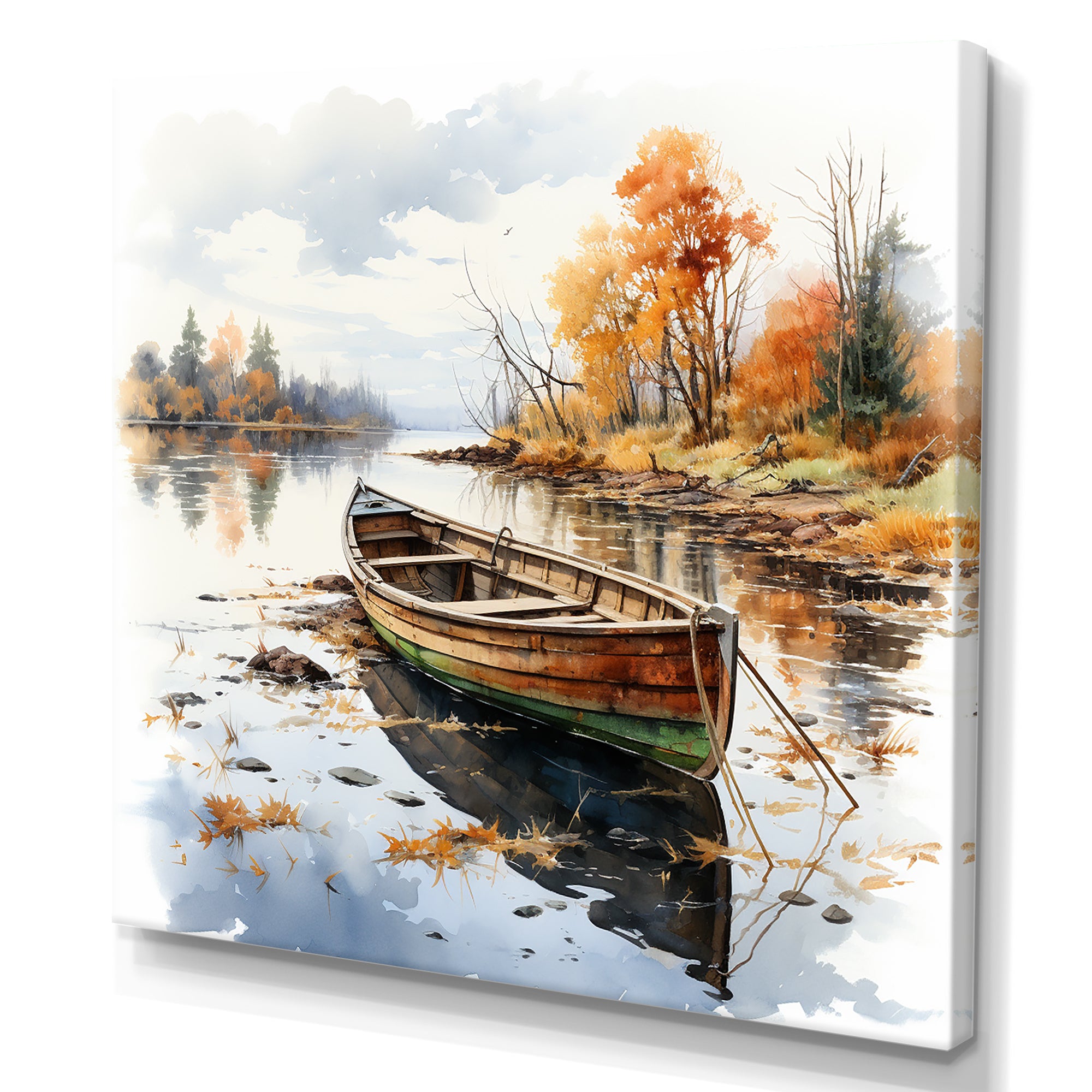 Autumn Tranquility canoe by the lake I - Boat Fishing Canvas Wall Art