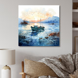 Blue and orange Autumn Fishing Boat - Boat Fishing Canvas Wall Art