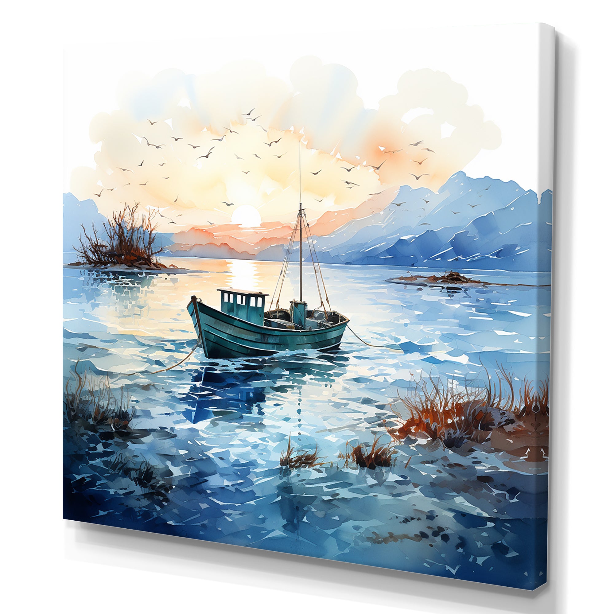 Blue and orange Autumn Fishing Boat - Boat Fishing Canvas Wall Art