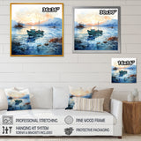 Blue and orange Autumn Fishing Boat - Boat Fishing Canvas Wall Art