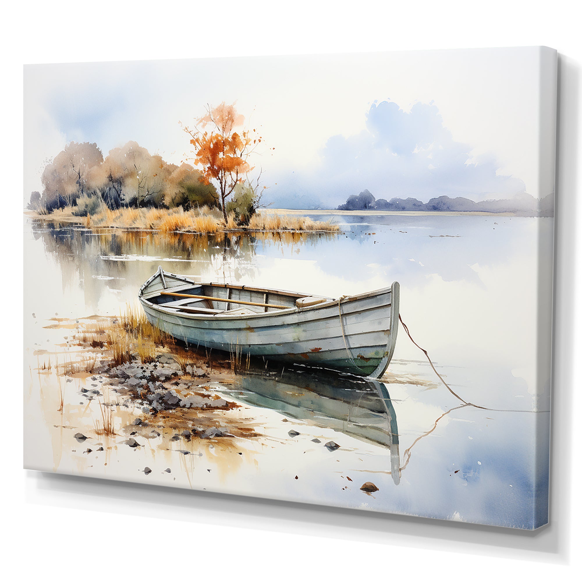 Blue and orange Autumn Tranquility Fishing Boat - Boat Fishing Canvas Wall Art